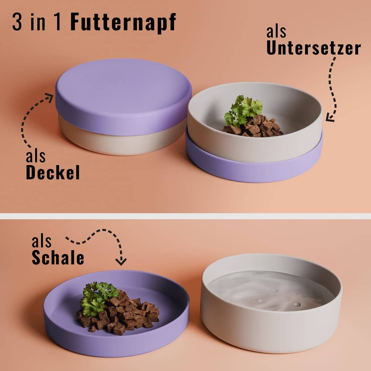 3-in-1-Deckel als Deckel, Untersetzer und Futterschale