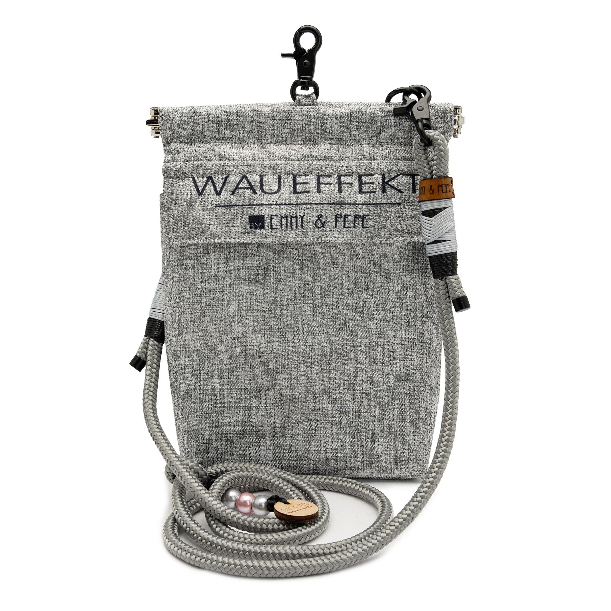 EMMY & PEPE Wau-To-Go Stone in Grau Leckerlibeutel und Gassitasche freigestellt mit Taugurt in Grauund kompaktem Design