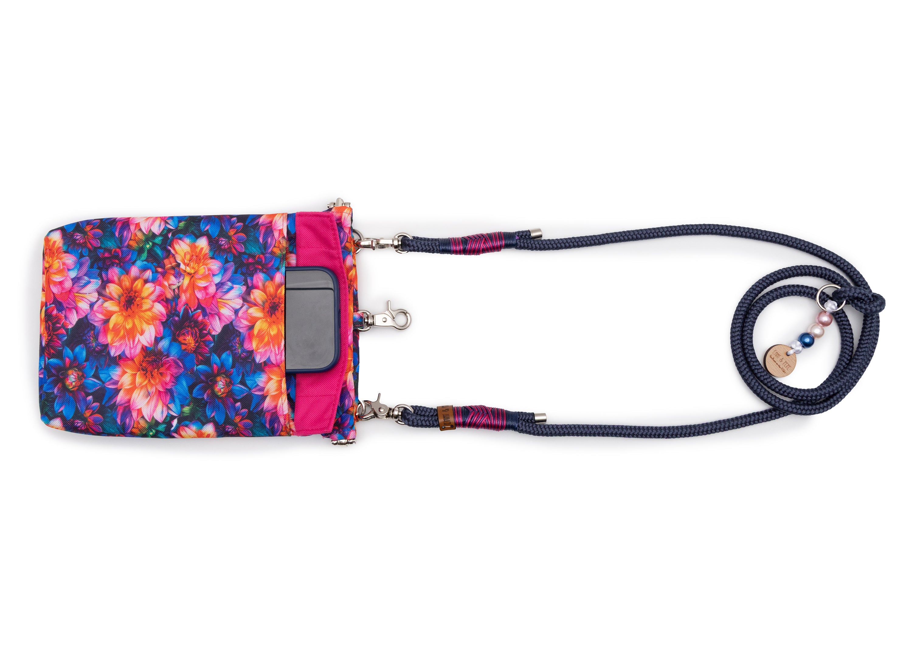 EMMY & PEPE Wau-To-Go Dahlia in buntem floralem Muster Leckerlibeutel und Gassitasche von vorne mit magnetischem Fach für Handy, Schlüssel oder Portemonnaie