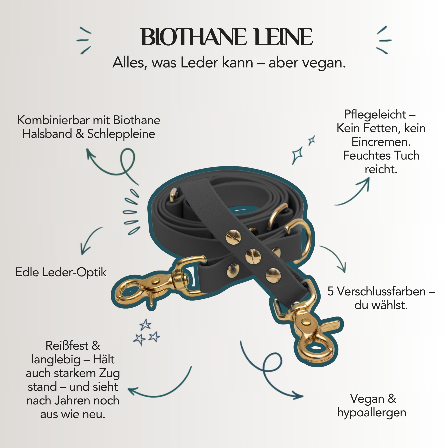 Biothane Hundeleine von EMMY & PEPE – wasserfest, vegan, pflegeleicht, langlebig und in verschiedenen Karabinerfarben erhältlich.
