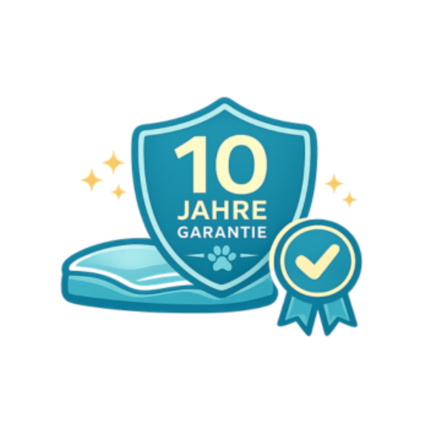 Illustration eines türkisen Hundebetts mit einem Wappen-Siegel, das '10 Jahre Garantie' anzeigt, verziert mit einer Pfotenabdruck-Grafik, funkelnden Sternen und einem grünen Häkchen-Abzeichen als Gütesiegel
