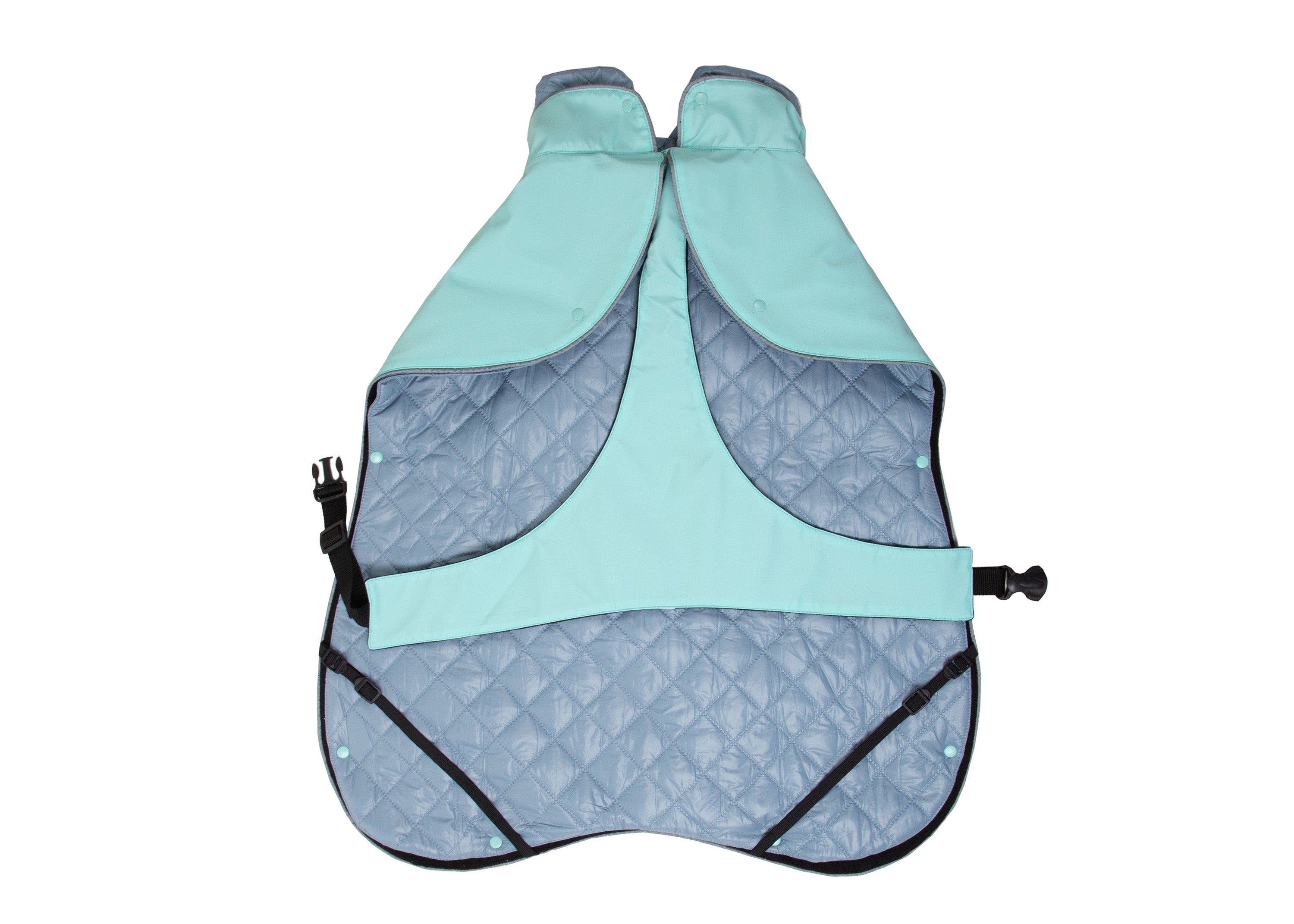Innenansicht des Wau-Coat Hundemantels in Mint mit herausnehmbarem Innenfutter in Blau, Bauchschutz und verstellbaren Beinschlaufen