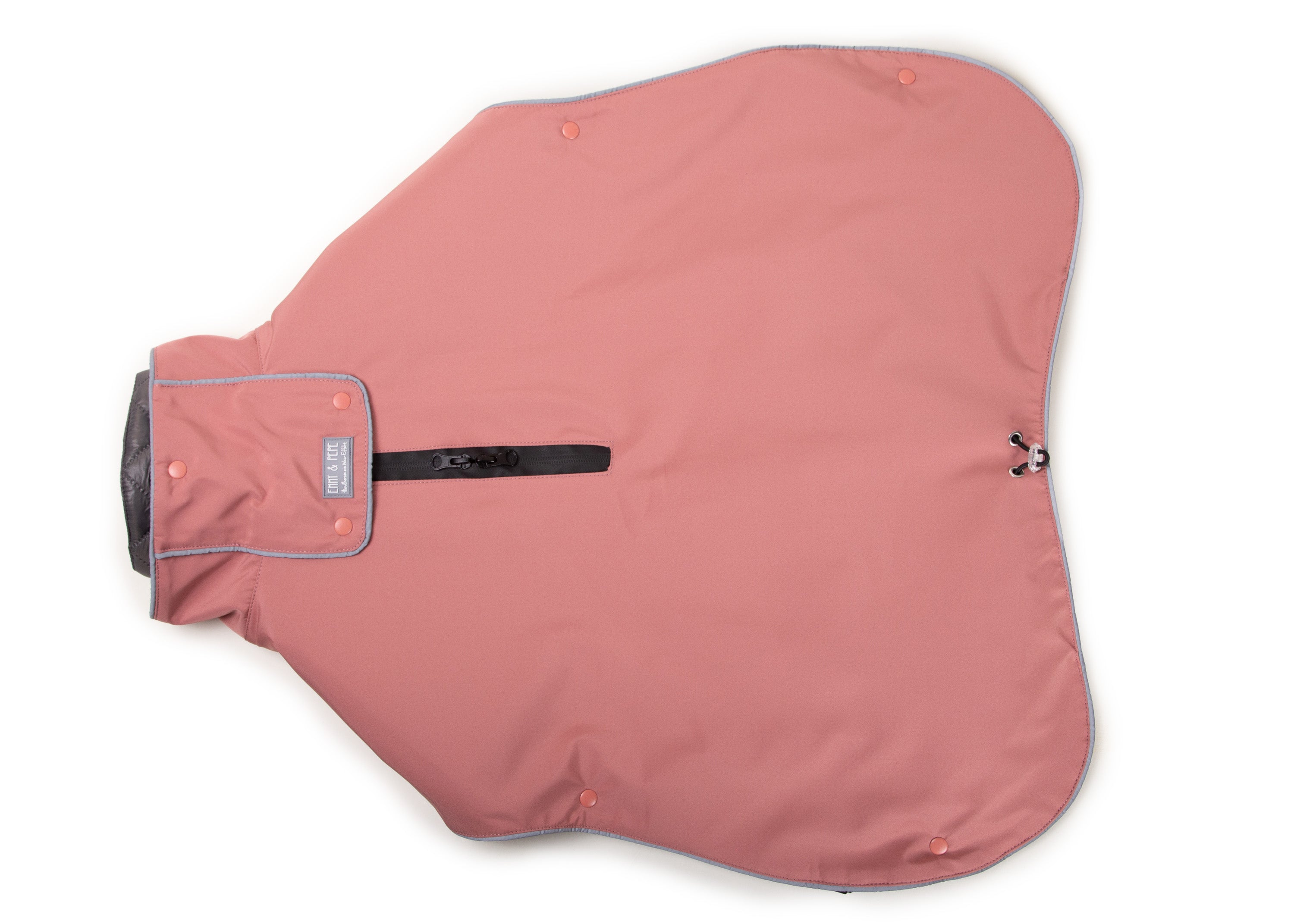 Rückenansicht des Wau-Coat Hundemantels mit wasserdichtem Zwei-Wege-Reißverschluss und verstellbarem Rückenabschluss in Rosa