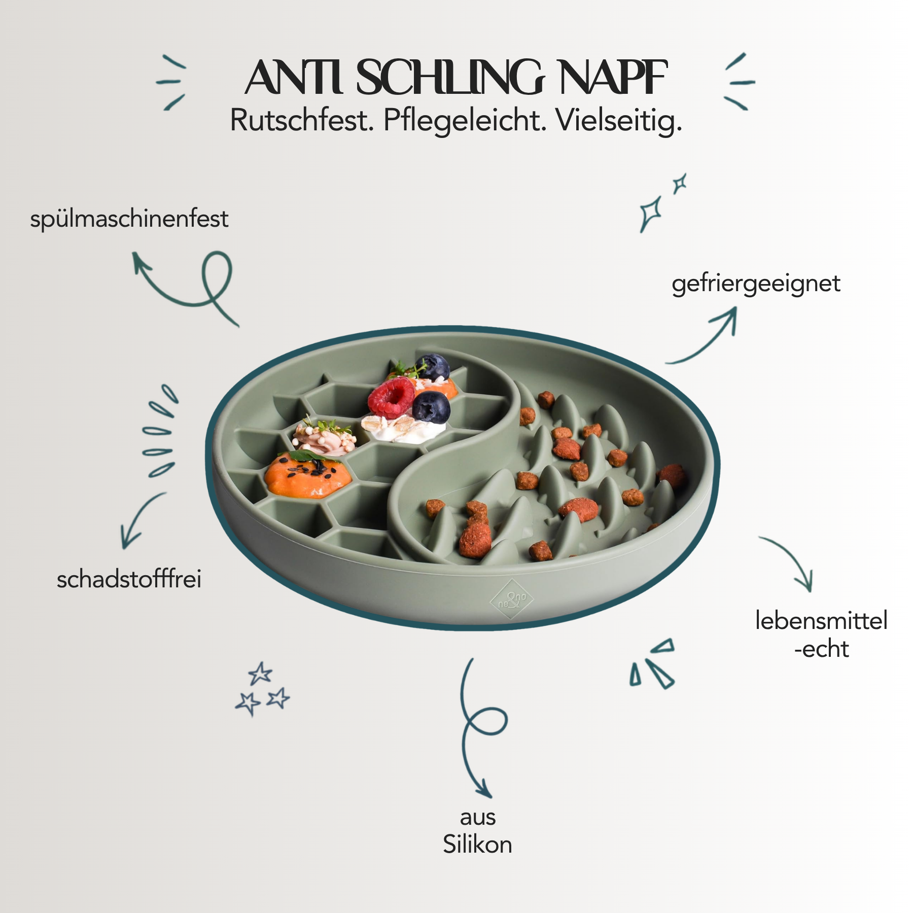 Anti-Schlingnapf und Schleckmatte aus Silikon für Hunde und Katzen mit rutschfestem Design, lebensmittelechtem Material und einfacher Reinigung.