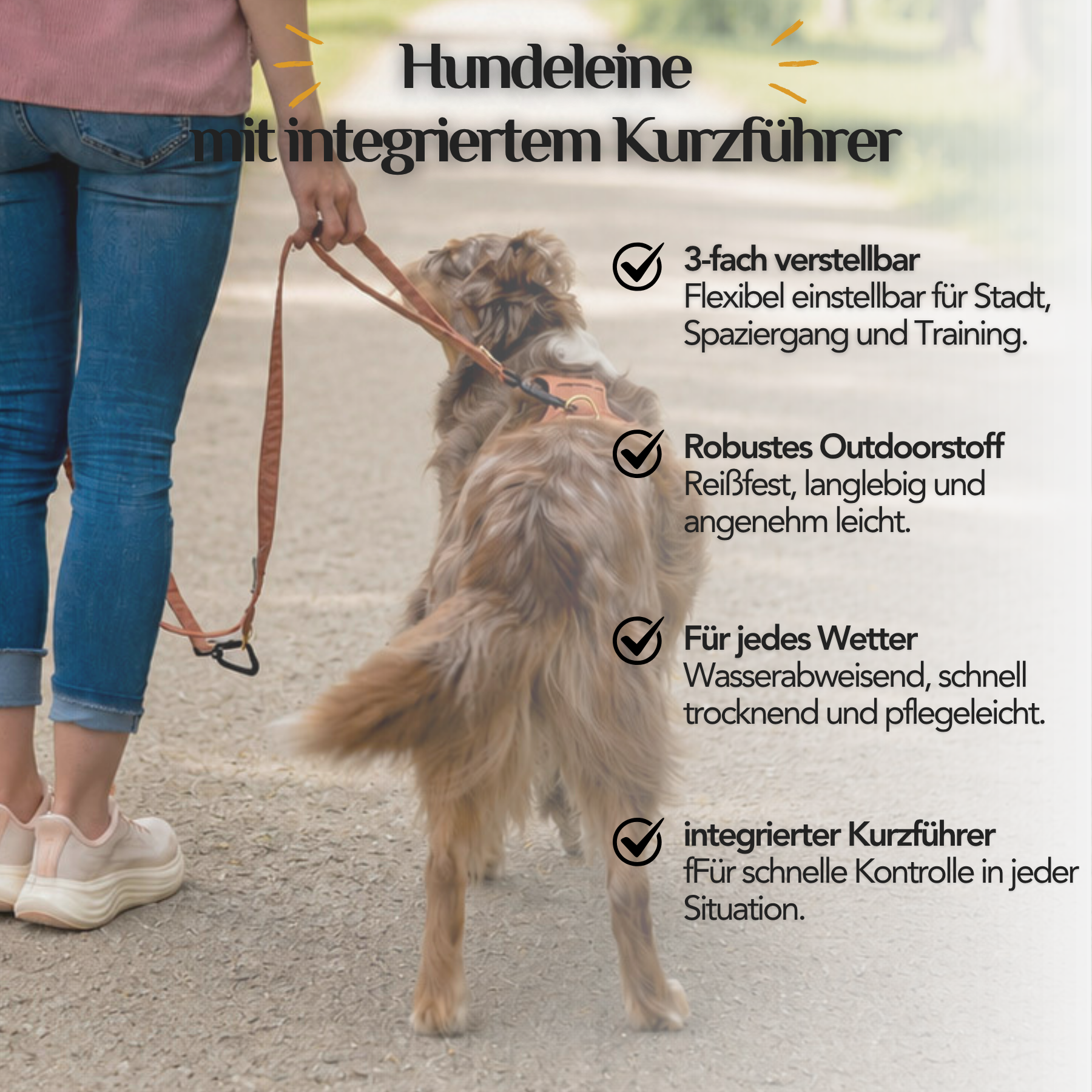 Hund trägt Geschirr und wird mit der Hundeleine mit integriertem Kurzführer von EMMY & PEPE geführt. Die 3-fach verstellbare Leine aus Outdoorstoff bietet Sicherheit und Komfort im Alltag.