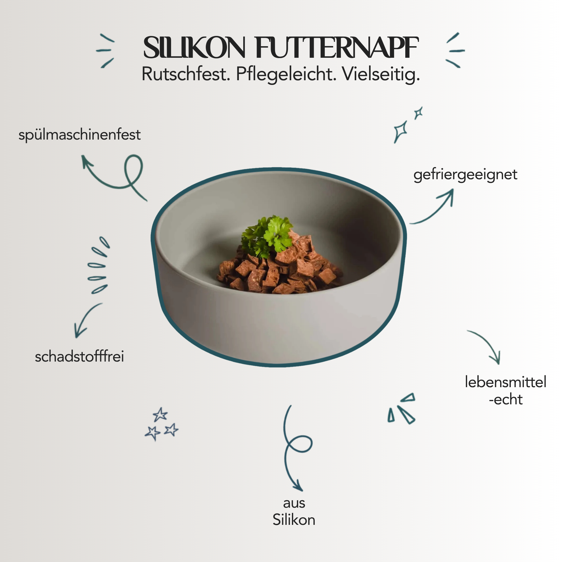 Futternapf aus Silikon für Hunde und Katzen mit rutschfestem Design, lebensmittelechtem Material und einfacher Reinigung.