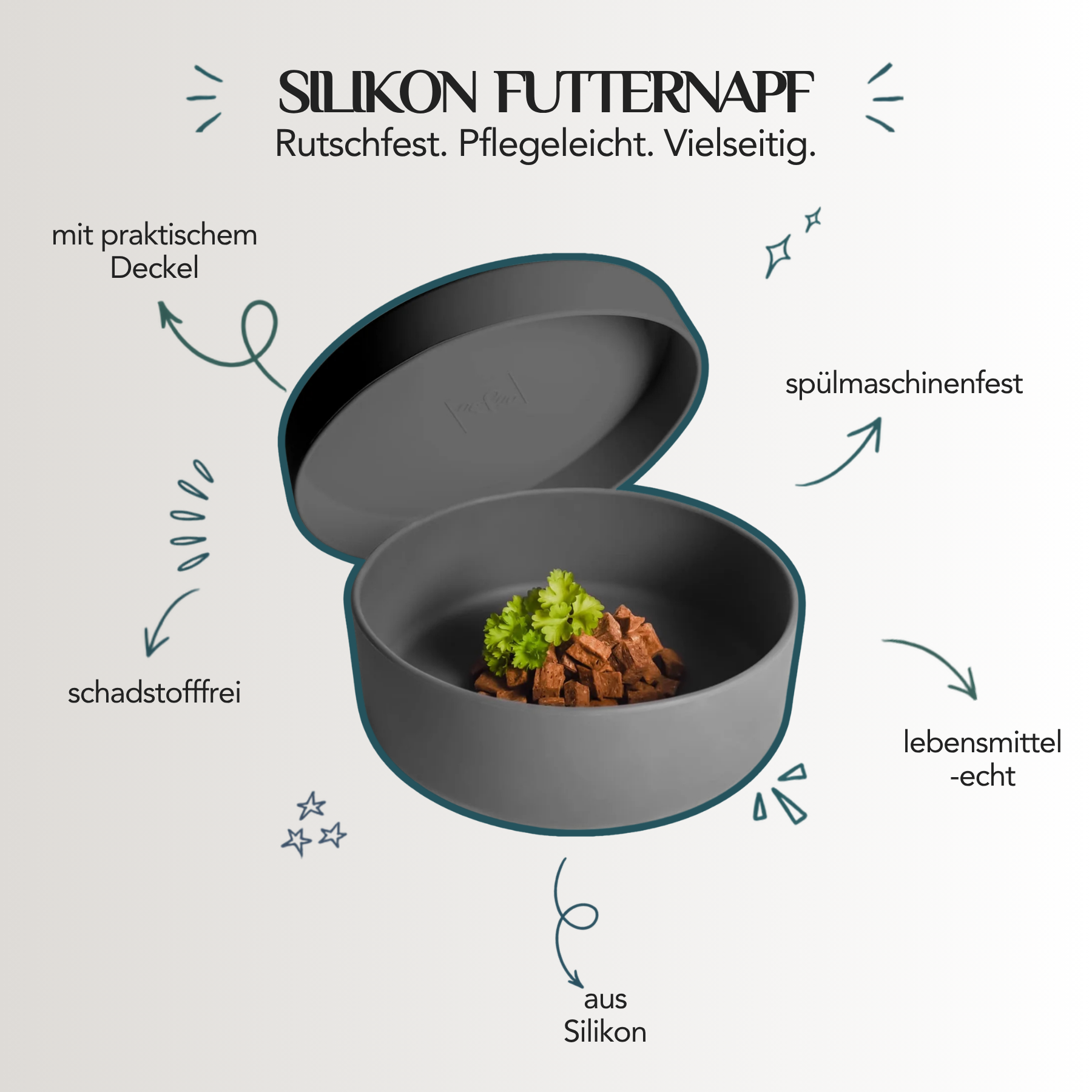 3-in-1 Silikon-Futternapf mit Deckel, Untersetzer und Futterschale