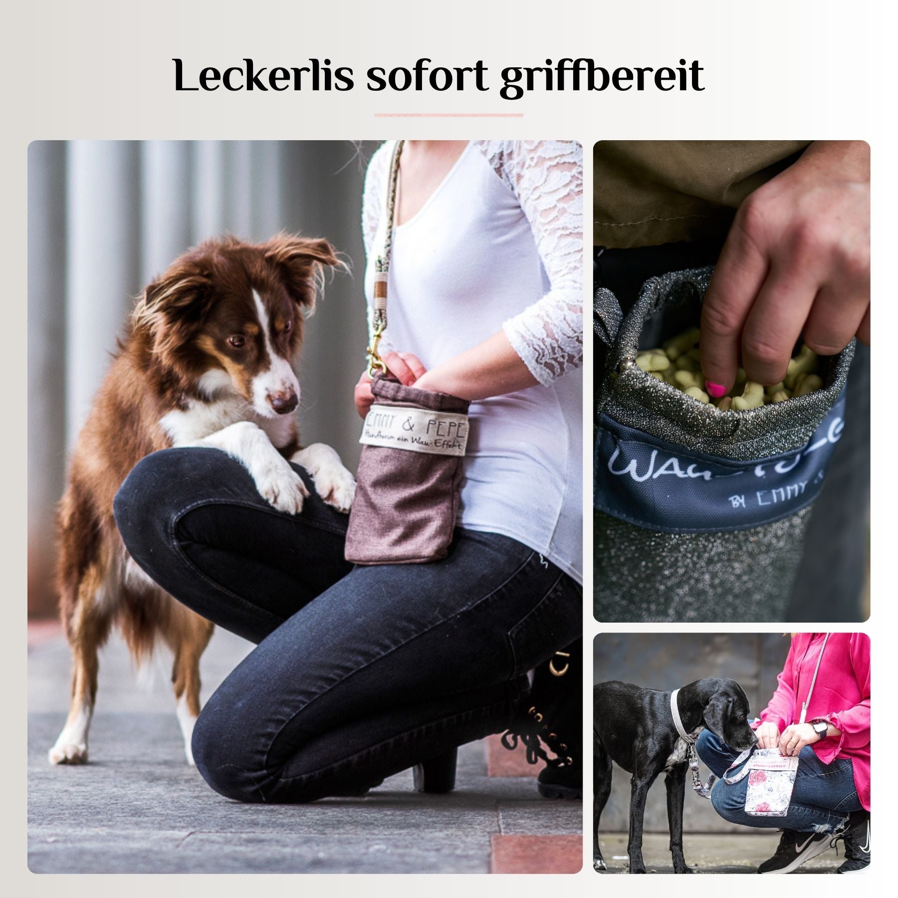 EMMY & PEPE Wau-To-Go Cinnamon Leckerlibeutel und Gassitasche im Einsatz mit Leckerlis sofort griffbereit