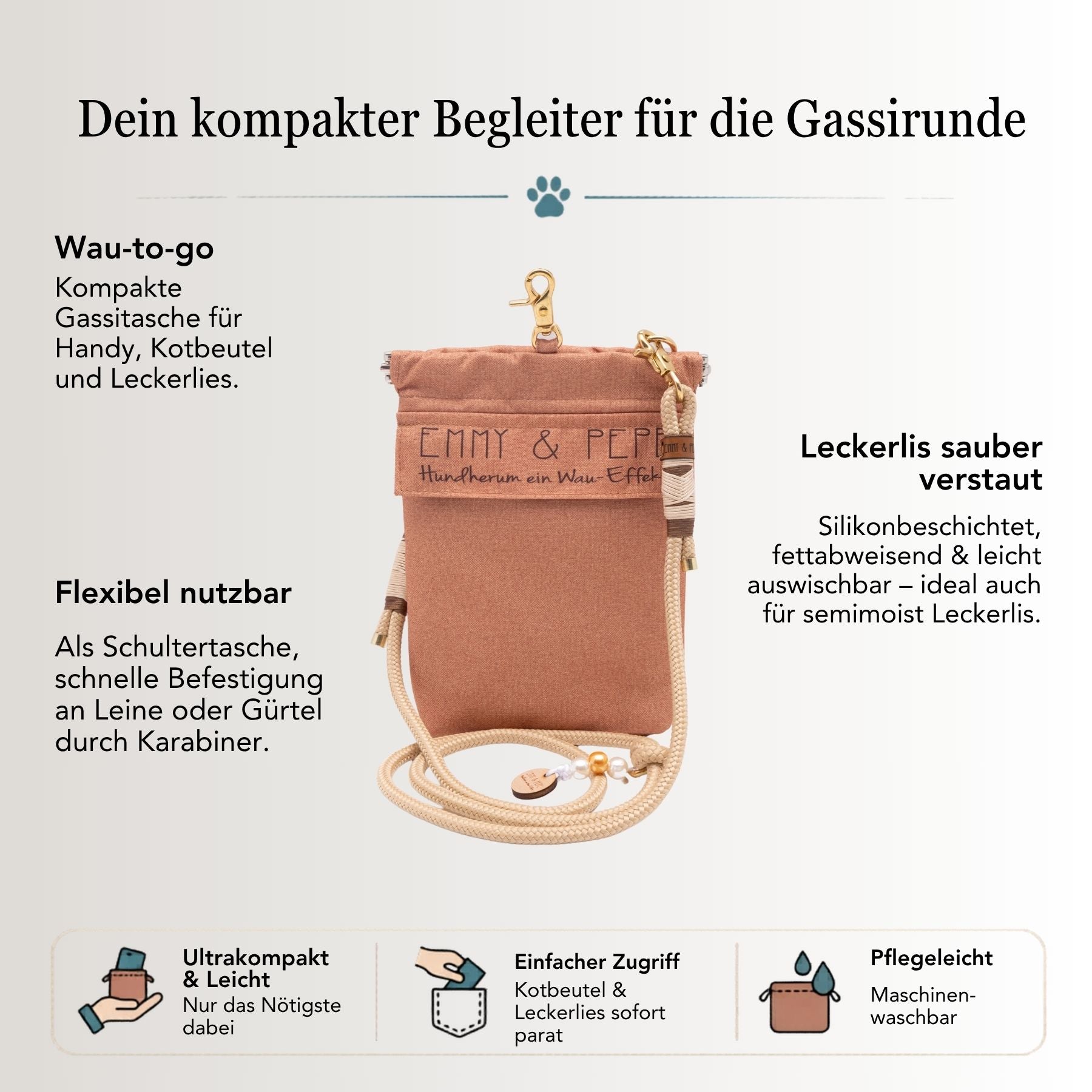 EMMY & PEPE Wau-To-Go Cinnamon Leckerlibeutel und Gassitasche mit den wichtigsten Vorteilen für Gassi und Training