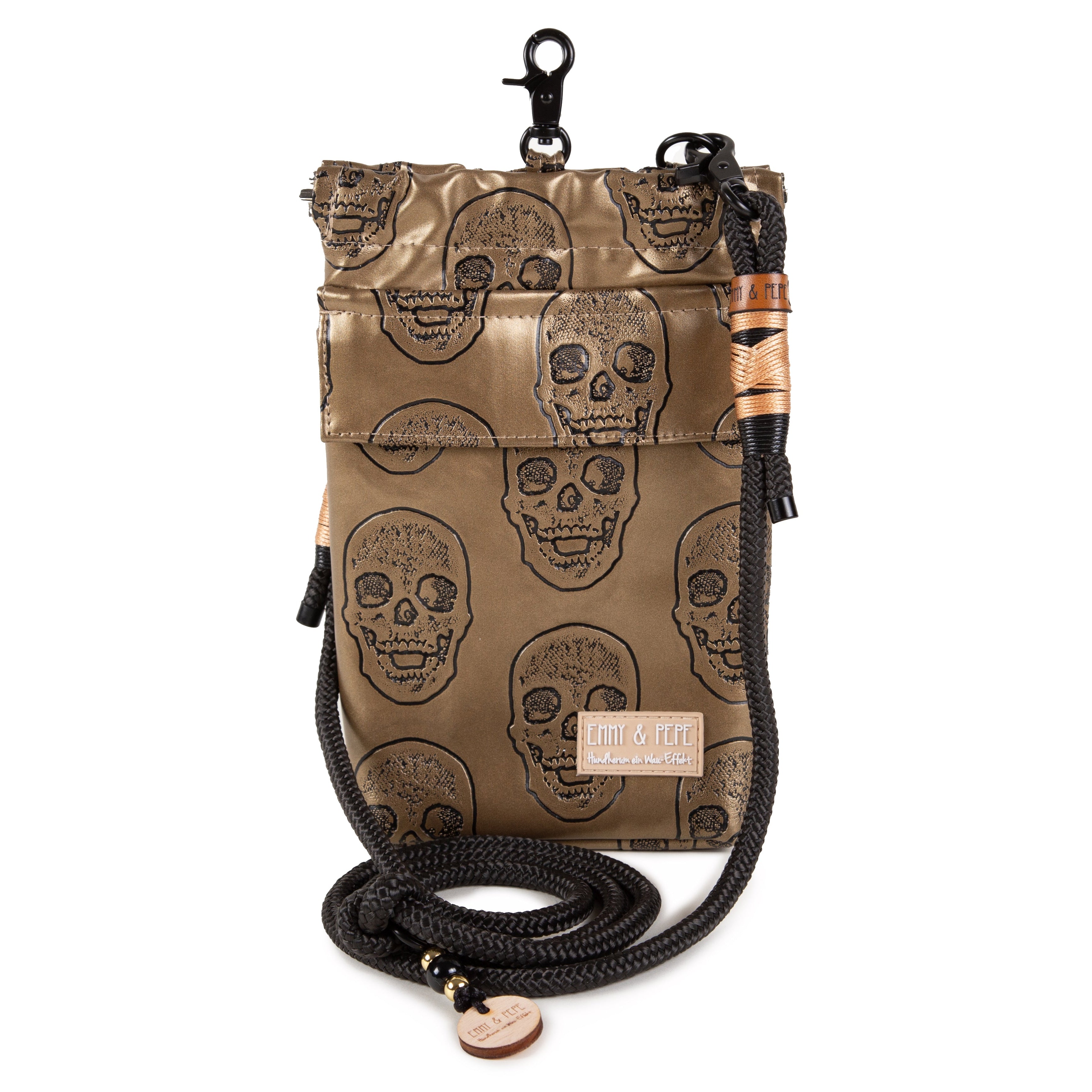 Gassitasche Wau-to-go Goldskull aus Kunstleder in gold mit schwarzen Totenköpfen und mit Schultergurt und mehreren praktischen Fächern