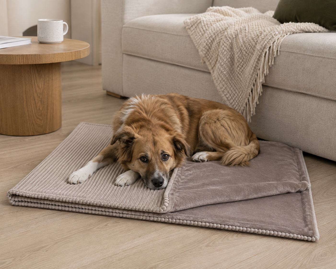 Hund liegt gemütlich auf der Hundedecke in Cord