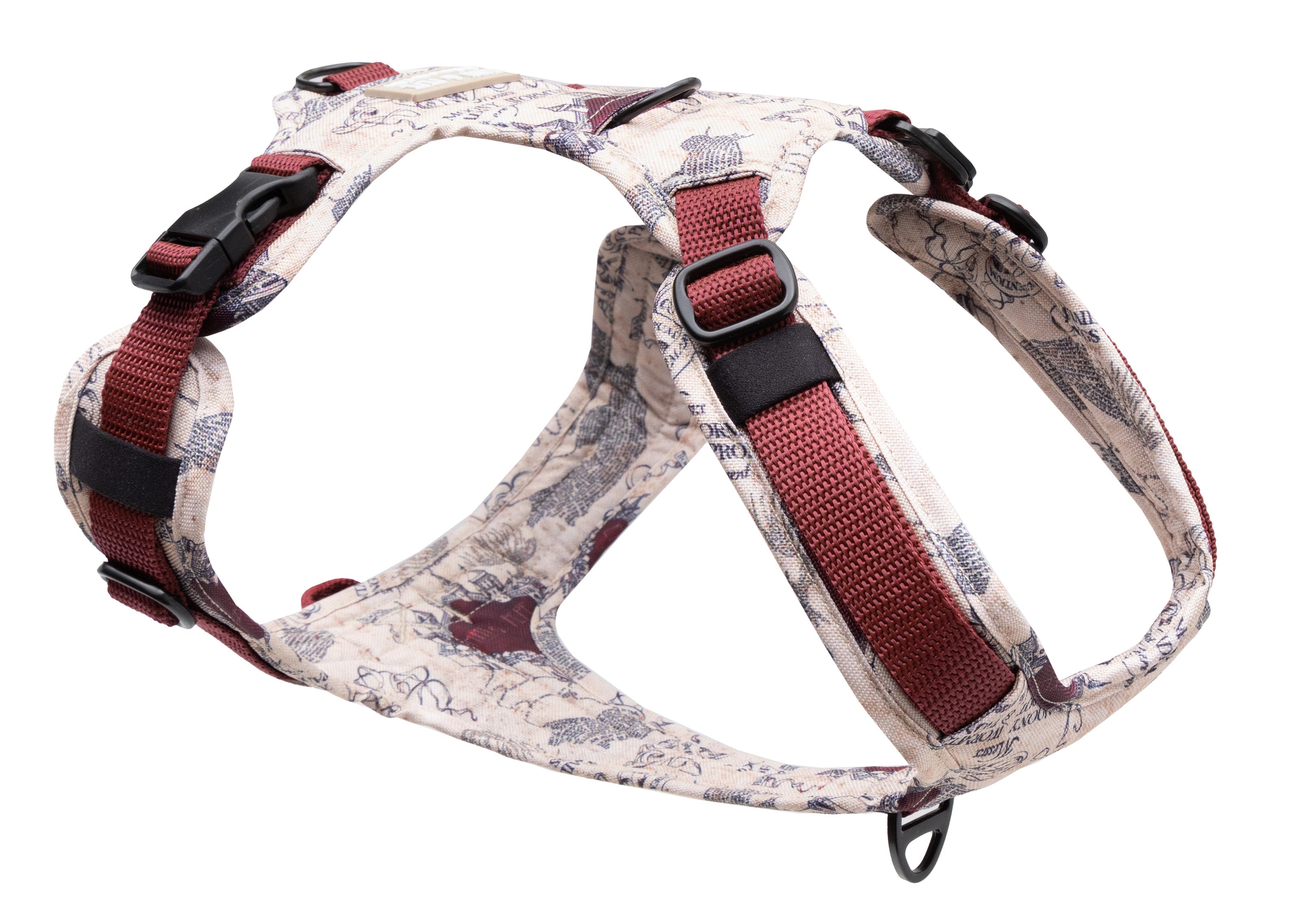 Y-Hundegeschirr in Beige und Bordeaux mit Muster.