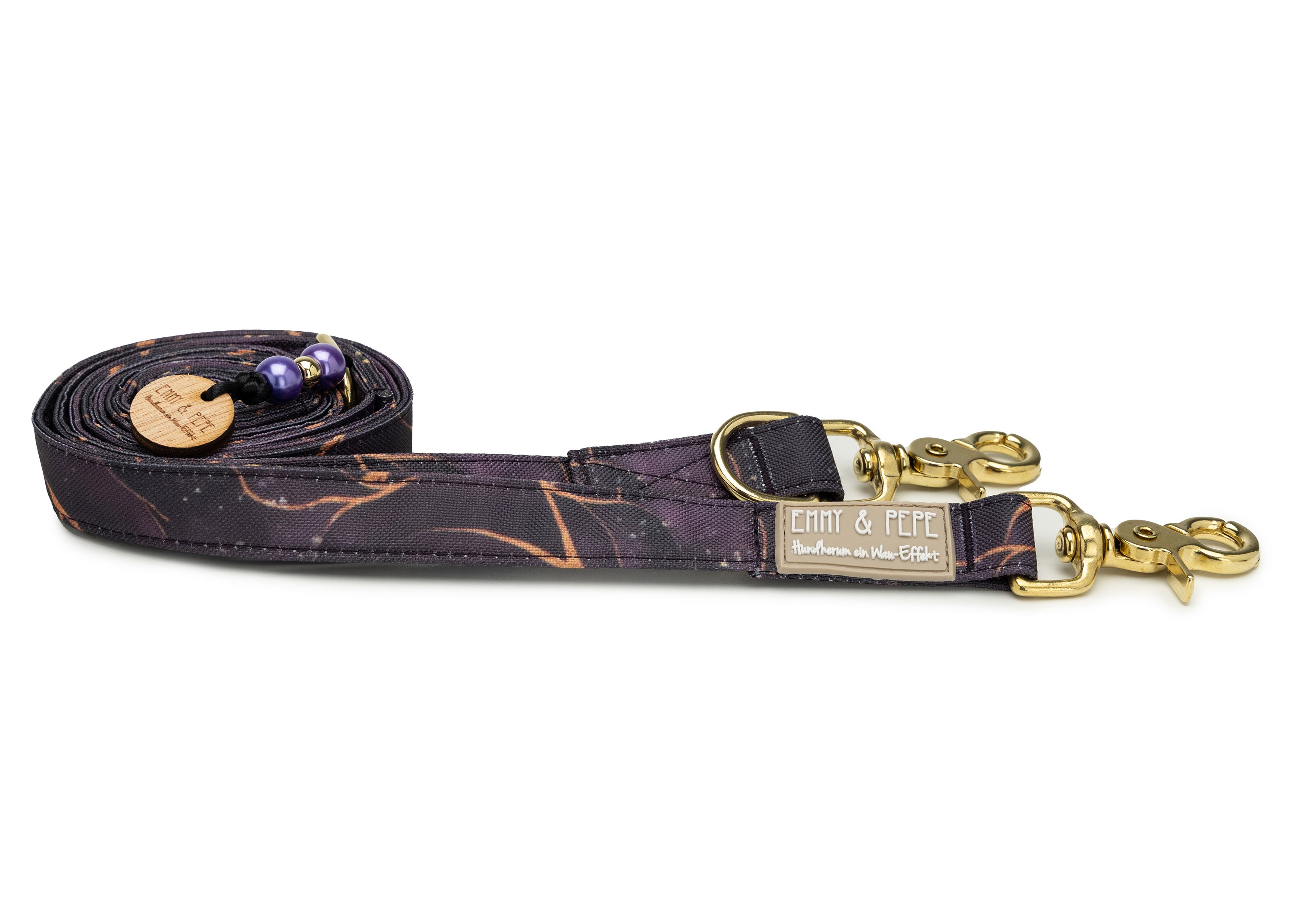 Wau-Move Hundeleine Golden Plum von EMMY & PEPE – dreifach verstellbar mit goldenen Scherenkarabinern