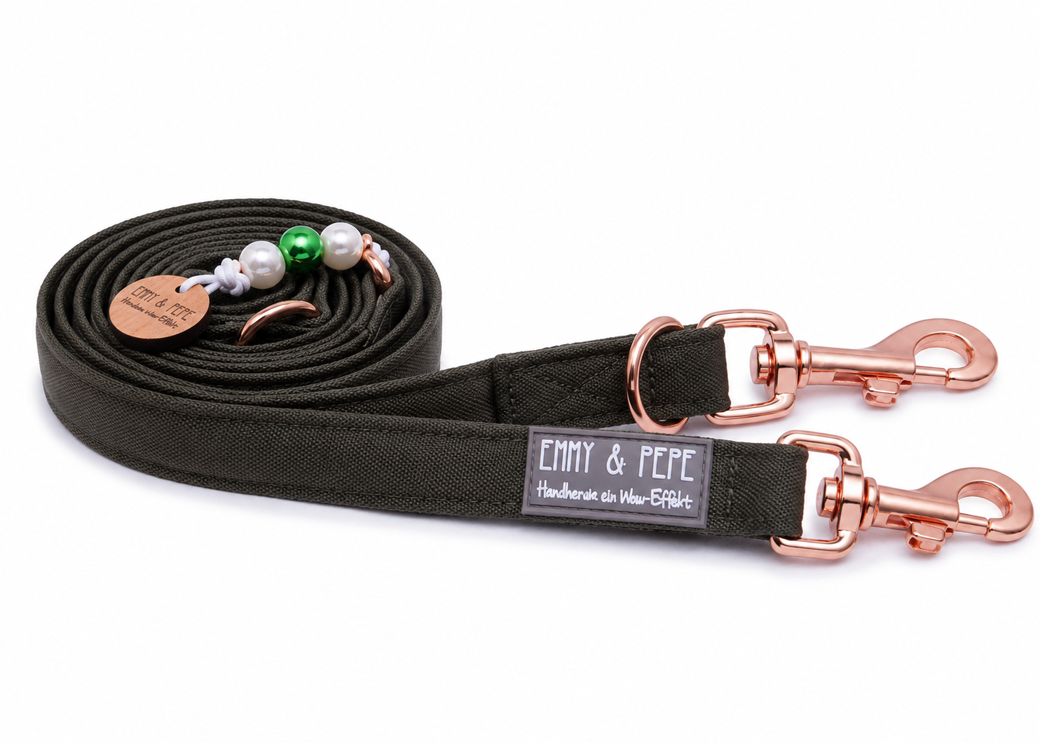 Wau-Move Hundeleine Lotte in Olive von EMMY & PEPE – dreifach verstellbar mit rosegoldenen Bolzenkarabinern