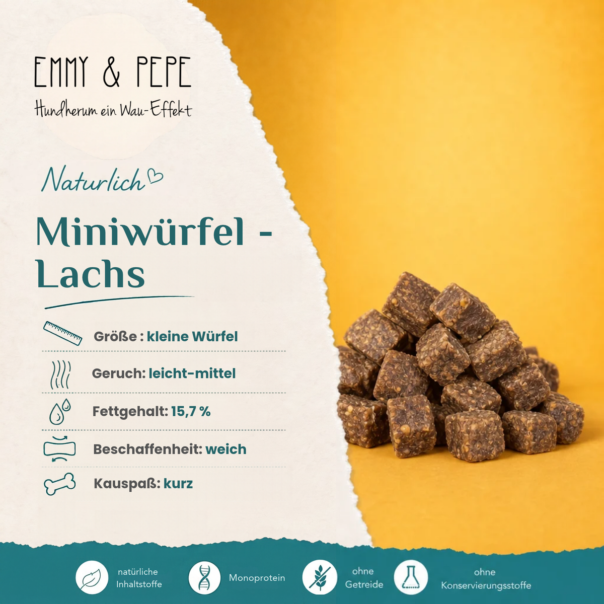 Miniwürfel - Lachs für Hunde – proteinreicher Trainingssnack aus 100% Lachs | EMMY & PEPE