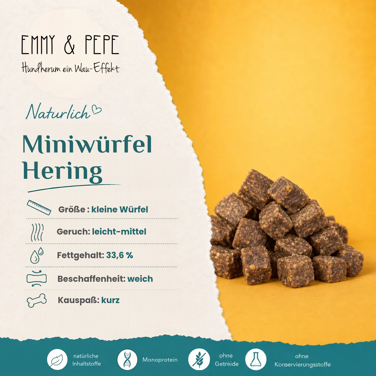 Hering-Miniwürfel für Hunde – Fisch-Kausnack reich an Omega-3-Fettsäuren | EMMY & PEPE