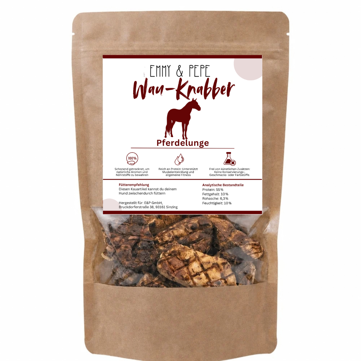 Wau-Knabber Pferdelunge von EMMY & PEPE – Produkttüte, 100 % Pferd, schonend getrocknet