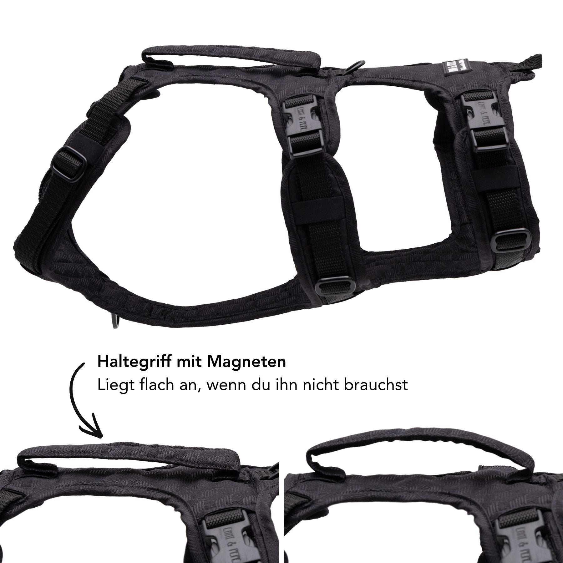Sicherheitsgeschirr für Hunde Schwarz mit magnetischem Haltegriff für mehr Kontrolle