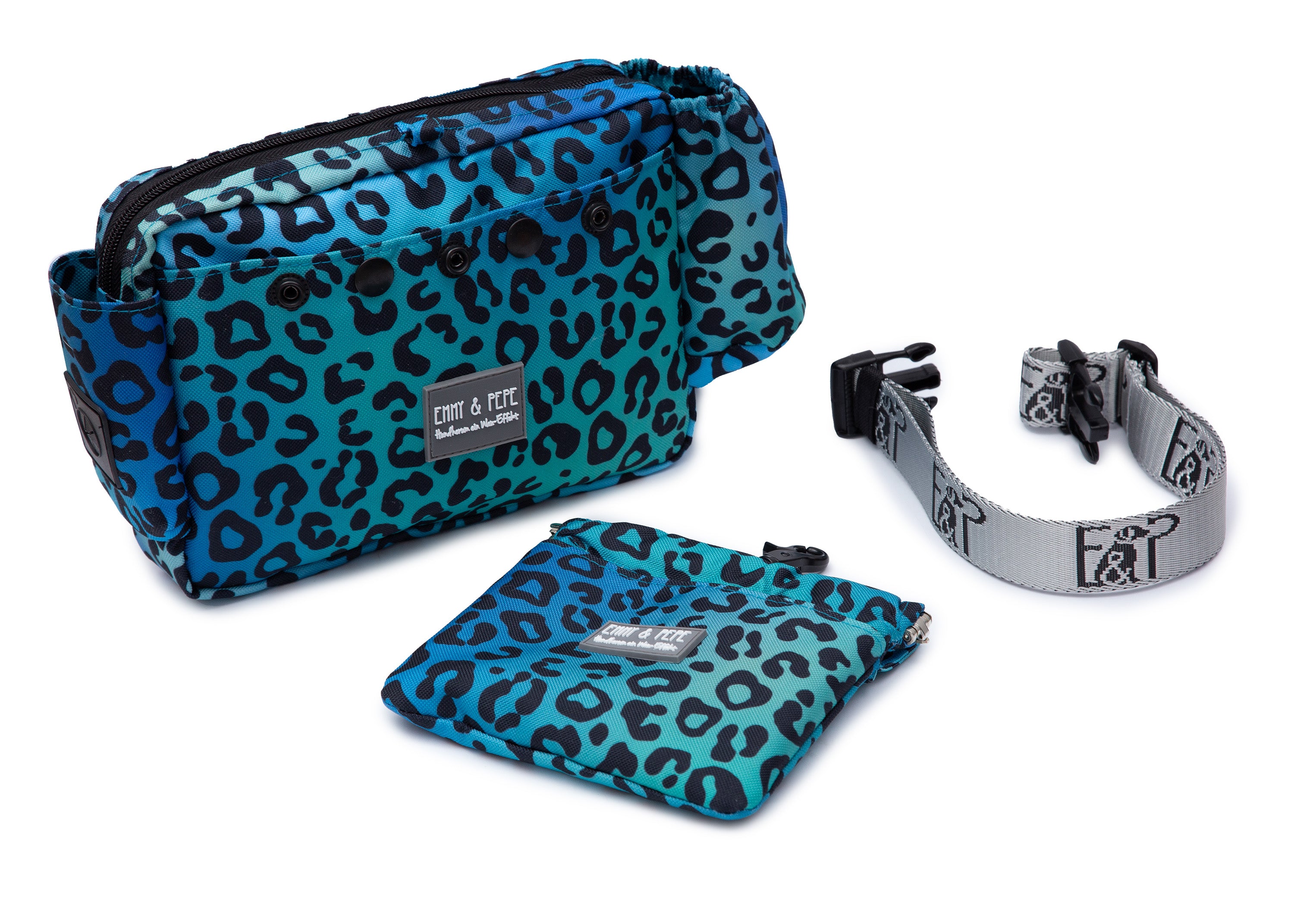 Wau-Pack große Gassitasche, Modell Leo Aqua, blau mit Leomuster, Grutlänge: S (60-85cm),M (80-110cm),L (100-145cm) - bei jedem Spaziergang alles dabei