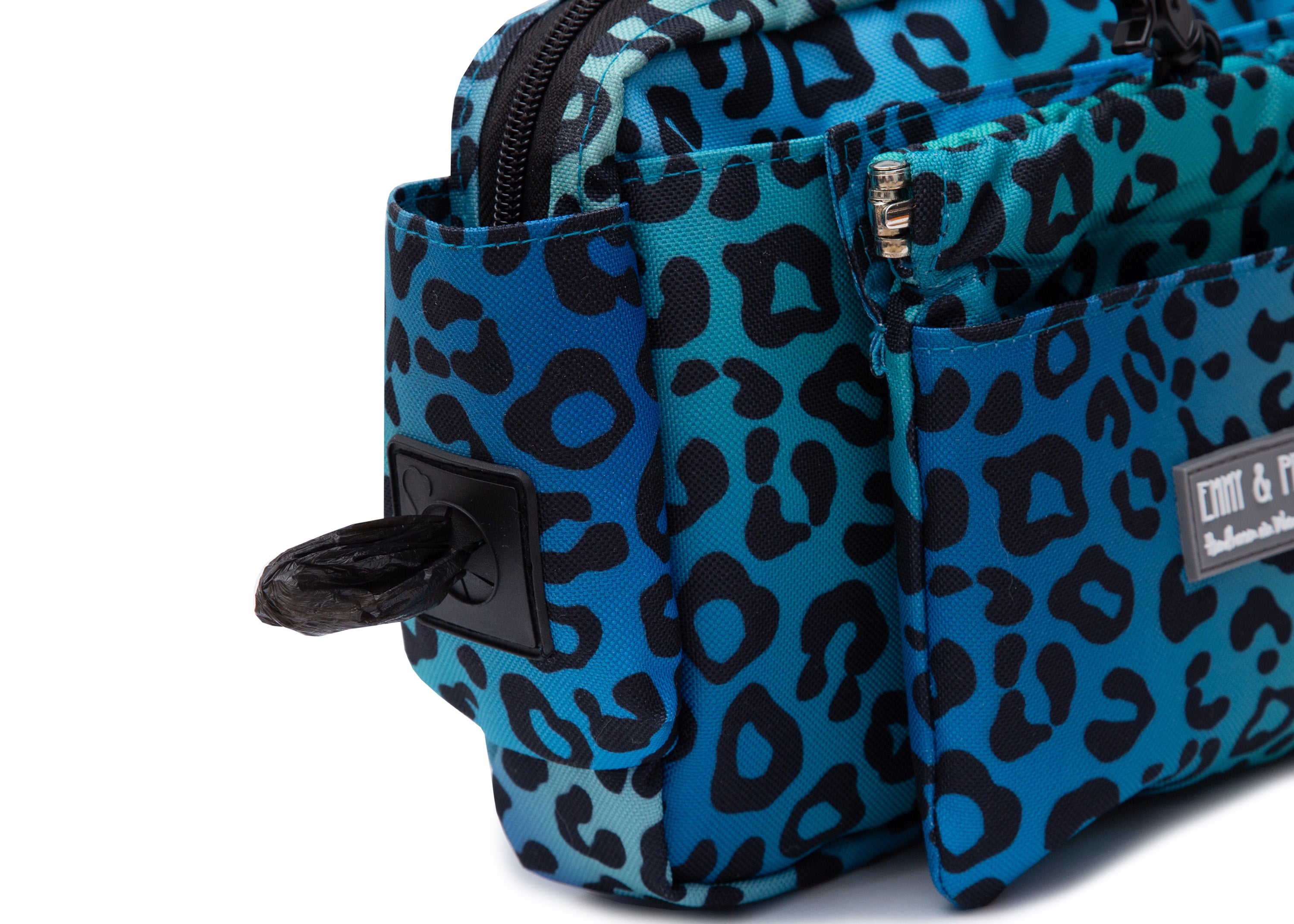 Wau-Pack große Gassitasche, Modell Leo Aqua, blau mit Leomuster, Grutlänge: S (60-85cm),M (80-110cm),L (100-145cm) - bei jedem Spaziergang alles dabei - mit Kotbeutelspender