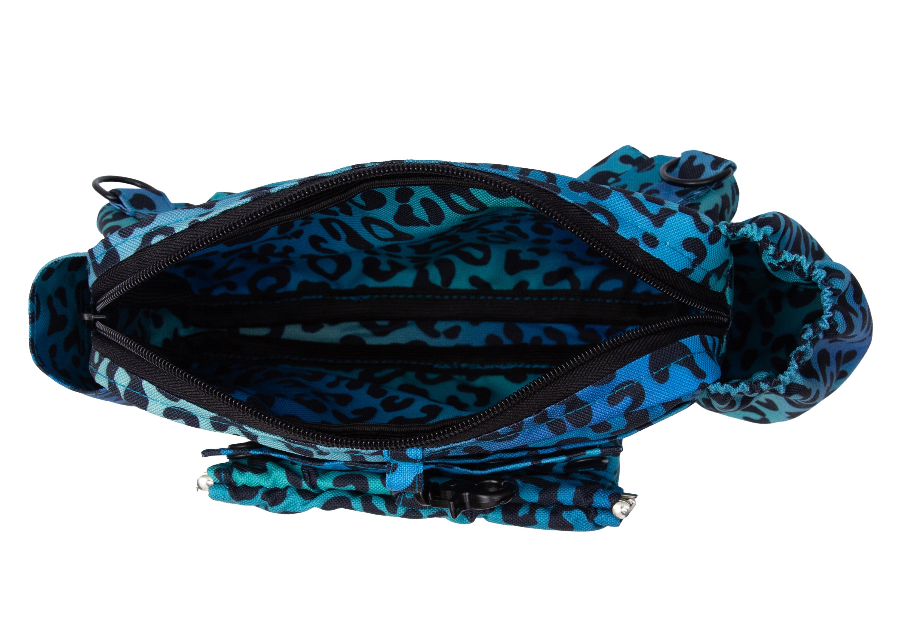 Wau-Pack große Gassitasche, Modell Leo Aqua, blau mit Leomuster, Grutlänge: S (60-85cm),M (80-110cm),L (100-145cm) - bei jedem Spaziergang alles dabei - großes Innenfach mit viel Platz für Geldbeutel, Handy und mehr