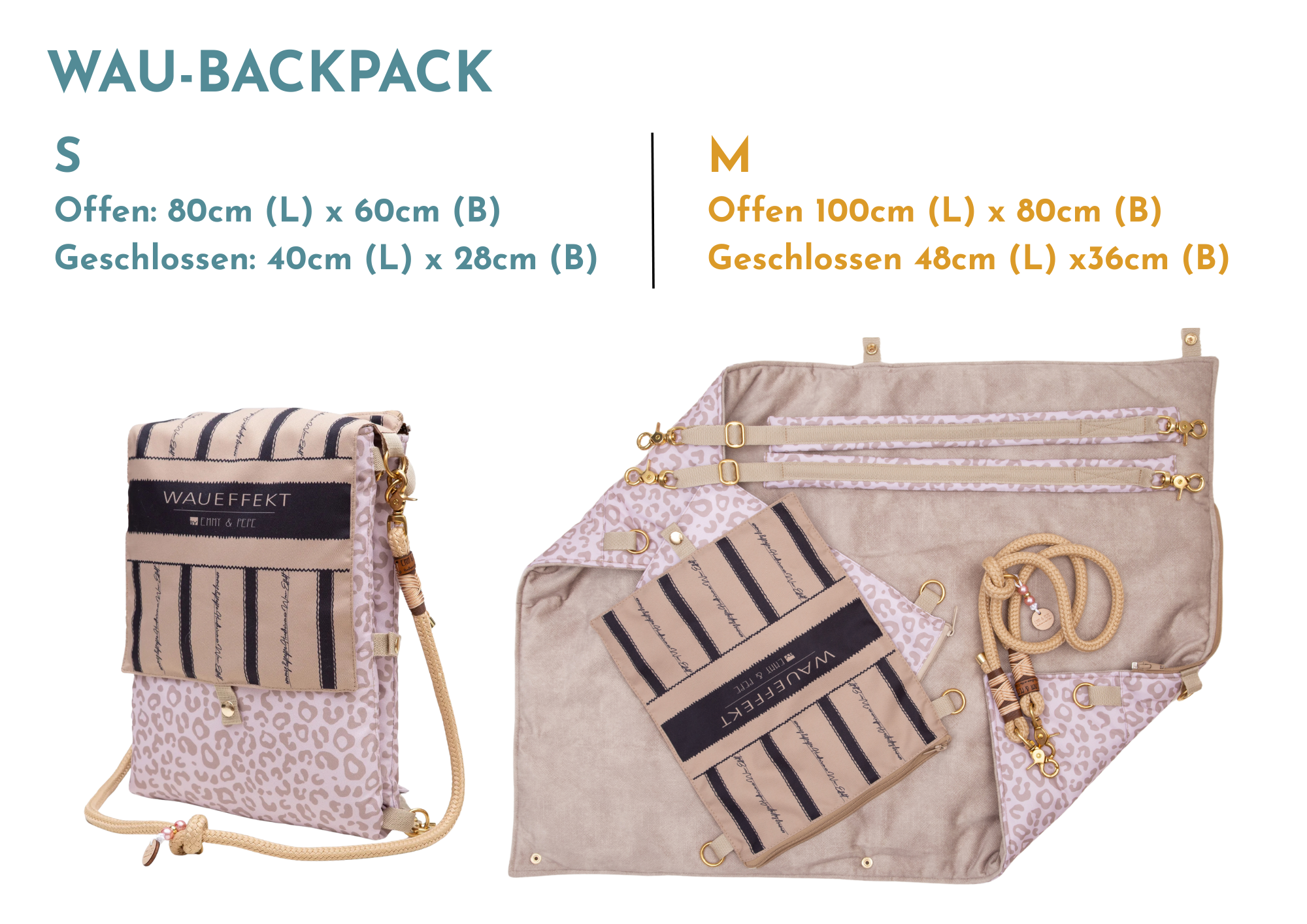 Wau-Backpack Hunderucksack mit integrierter Hundedecke in den Größen S und M. Ausgeklappte Liegefläche in S 80 x 60 cm und M 100 x 80 cm, kompakt zusammenfaltbar für unterwegs.