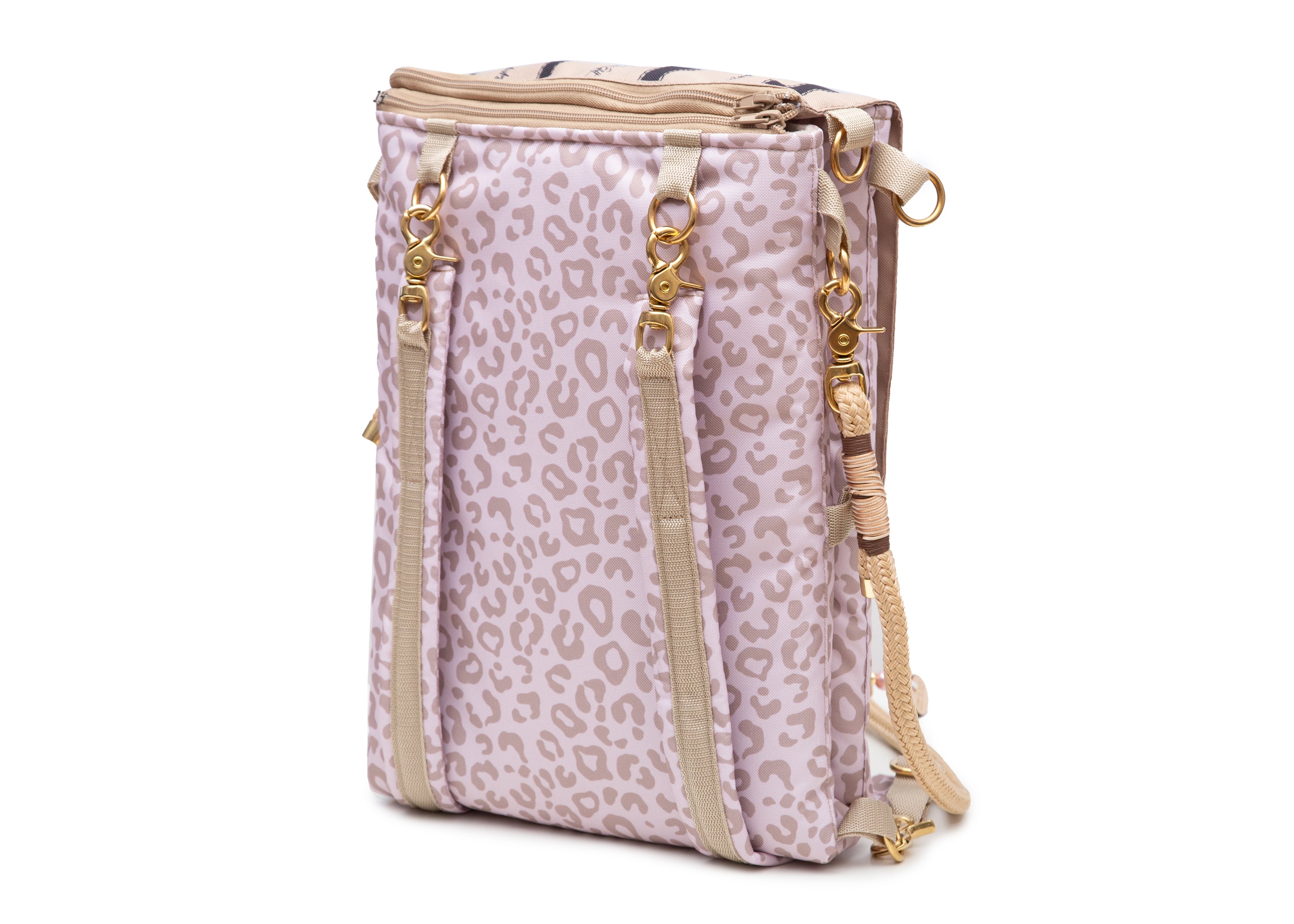 Rückseite des Wau-Backpack Leo Creme mit gepolsterten Tragegurten und goldenen Karabinern
