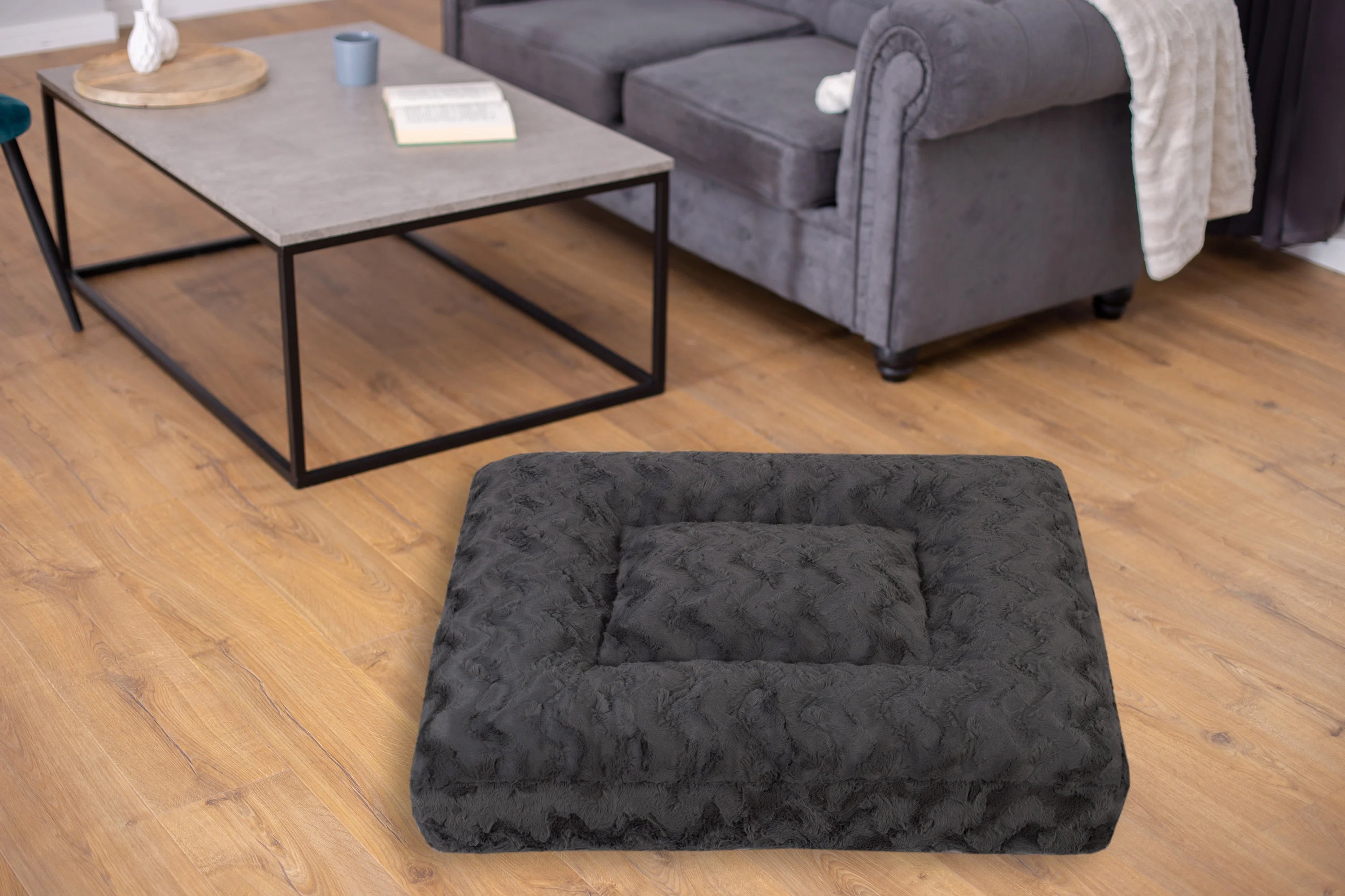 Wau-Bed orthopädisches Hundebett, Modell Wild Wave Creme / gemütlicher Stoff in dunklegrau