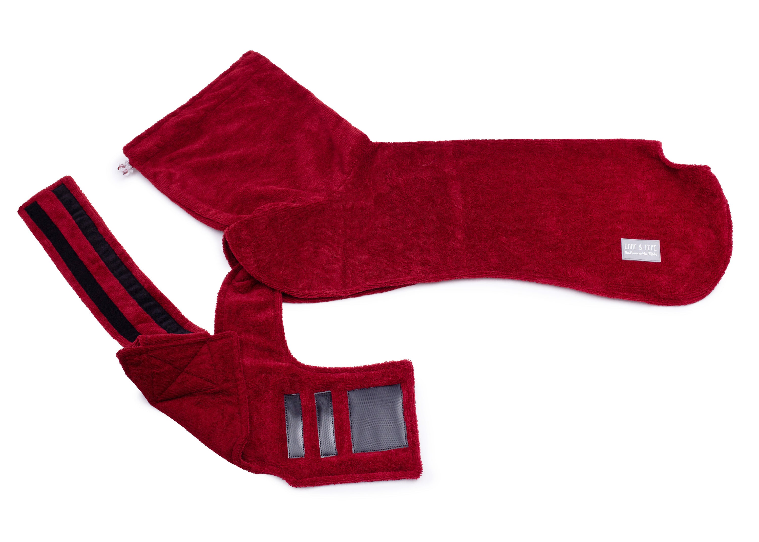 Hundebademantel aus Bambusfaser mit verstellbarem Bauchgurt und Klettverschluss für sicheren Halt und perfekte Passform in Rot