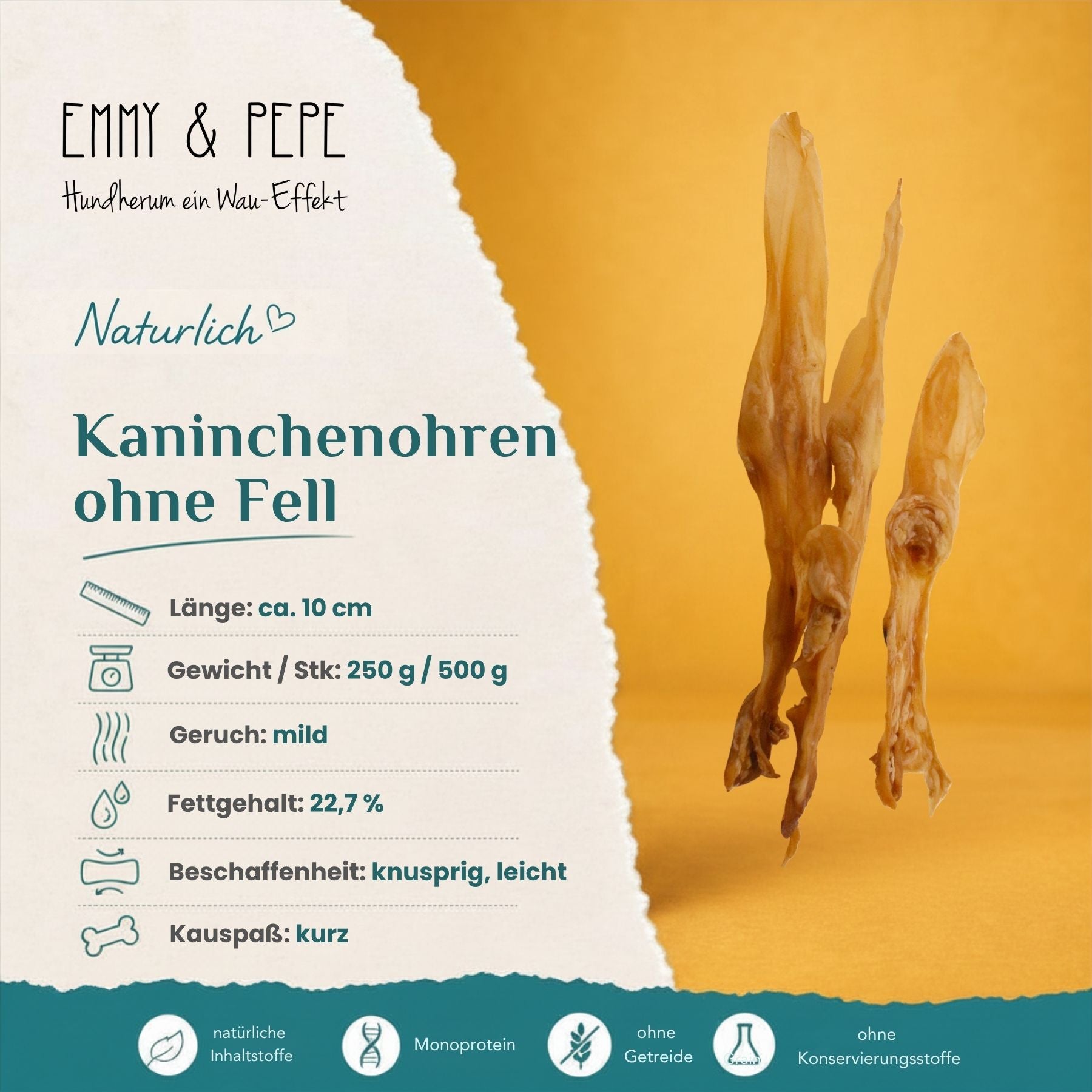 Wau-Knabber Kaninchenohren ohne Fell getrocknet – Kauartikel für Hunde: Fettgehalt 22,7 %, mittelfest, hypoallergener Kausnack für Hunde mit Fleischallergie