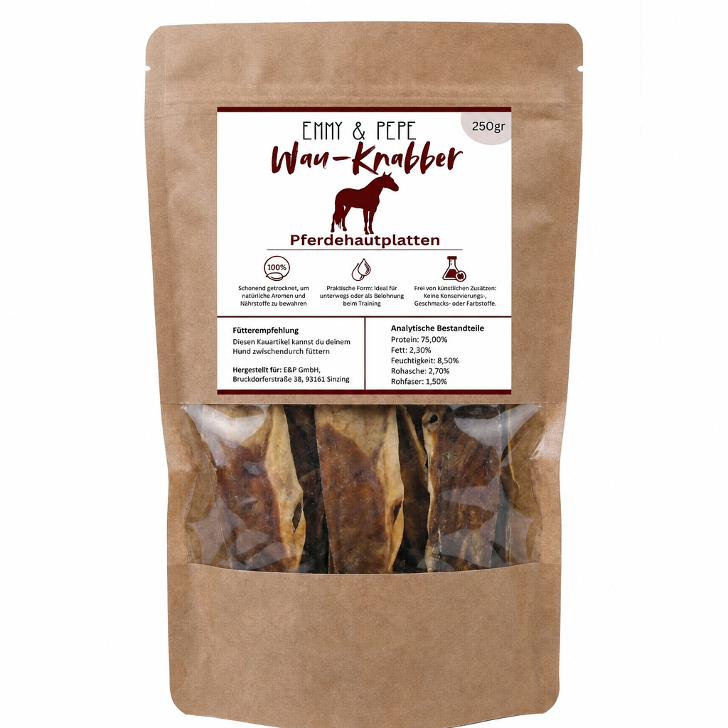 Wau-Knabber Pferdehautplatten von EMMY & PEPE – Produkttüte, 100 % Pferd, schonend getrocknet
