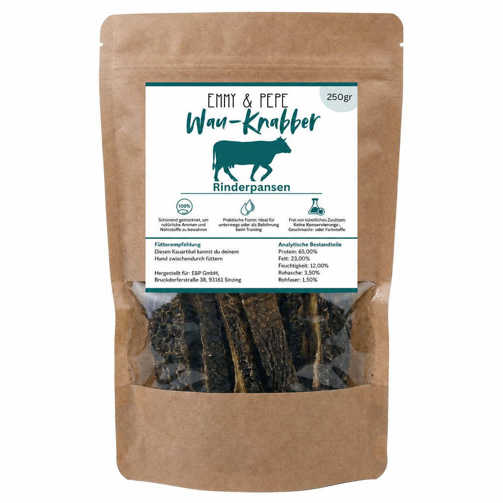 Wau-Knabber Rinderpansen grün von EMMY & PEPE – Produkttüte, 100 % Rind, schonend getrocknet