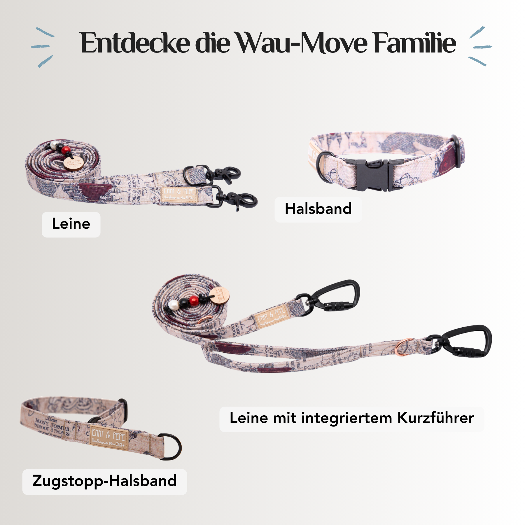 Emmy & Pepe Wau-Move Hundezubehör Set mit Vintage-Kartenmuster in Beige und Dunkelblau: Leine, Halsband, Leine mit integriertem Kurzführer und Zugstopp-Halsband