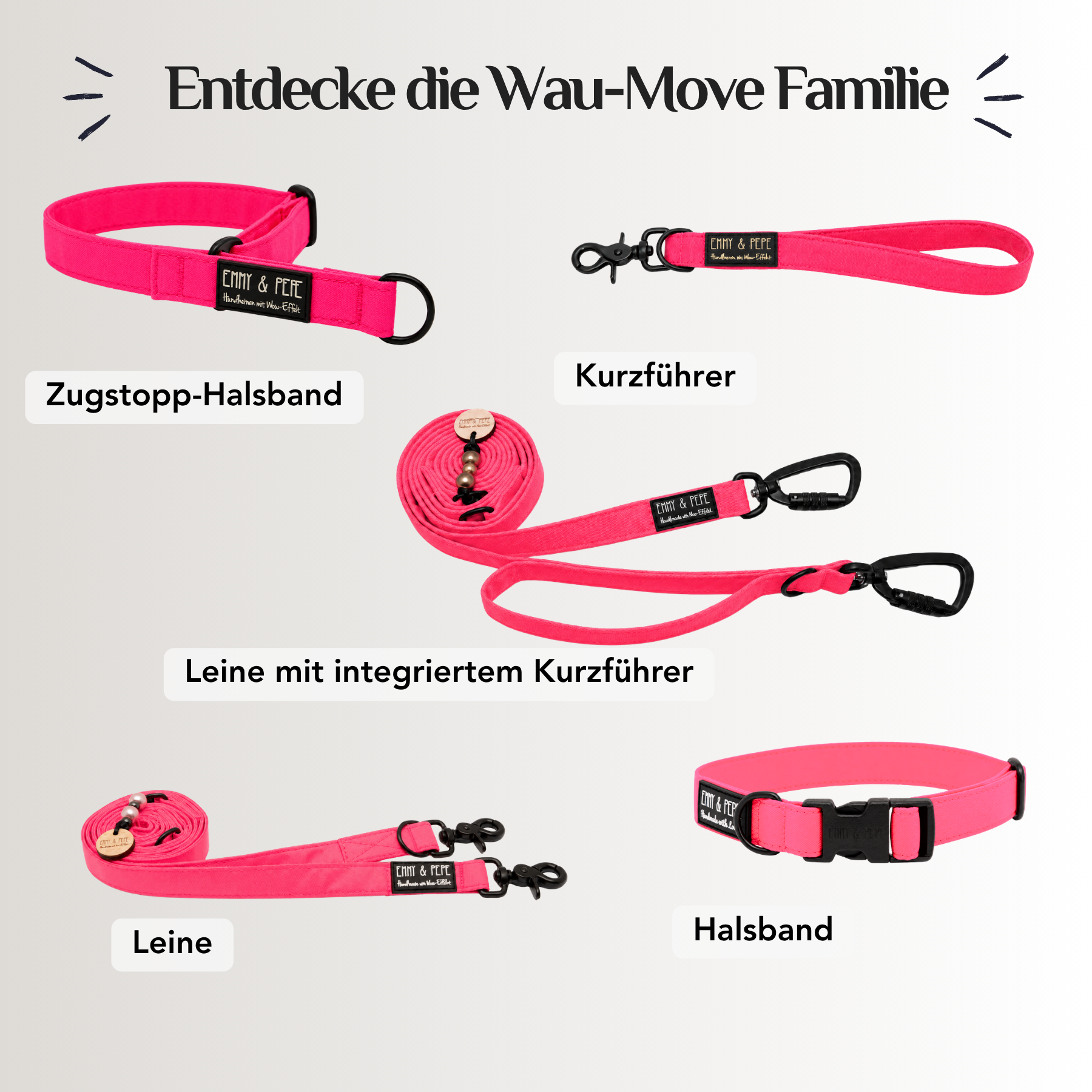Emmy & Pepe Wau-Move Hundezubehör Set in Neon Pink: Zugstopp-Halsband, Kurzführer, Leine mit integriertem Kurzführer, Leine und Halsband