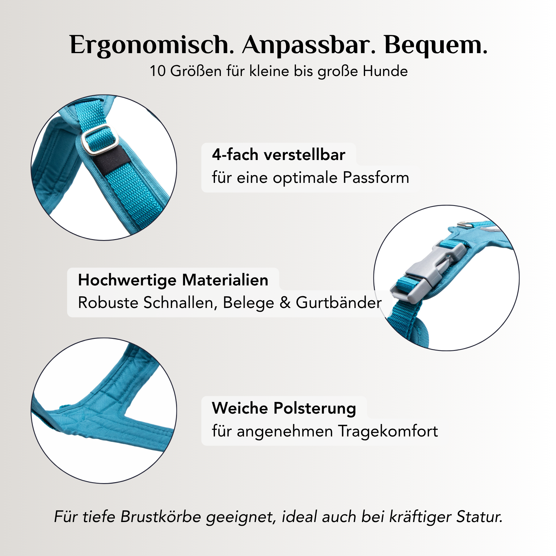 Ergonomisches Emmy & Pepe Hundegeschirr Aqua mit 4-fach verstellbaren Riemen, hochwertigen Schnallen und weicher Polsterung in 10 Größen