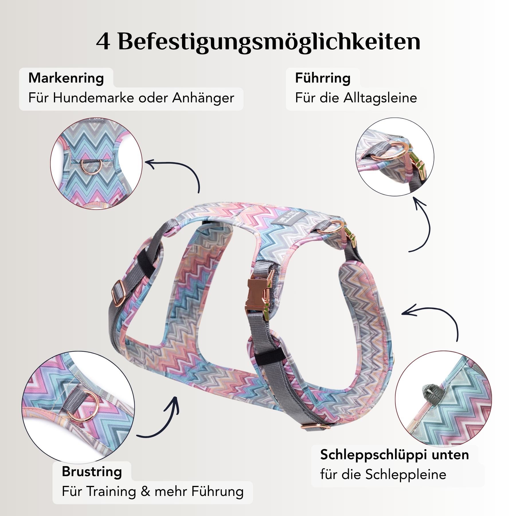Emmy & Pepe Hundegeschirr Waussoni mit 4 Befestigungsmöglichkeiten: Markenring für Hundemarke oder Anhänger, Führring für die Alltagsleine, Brustring für Training und mehr Führung, Schlaufe unten für die Schleppleine, Zickzack-Muster in Pastelltönen mit roségoldenen Metallringen