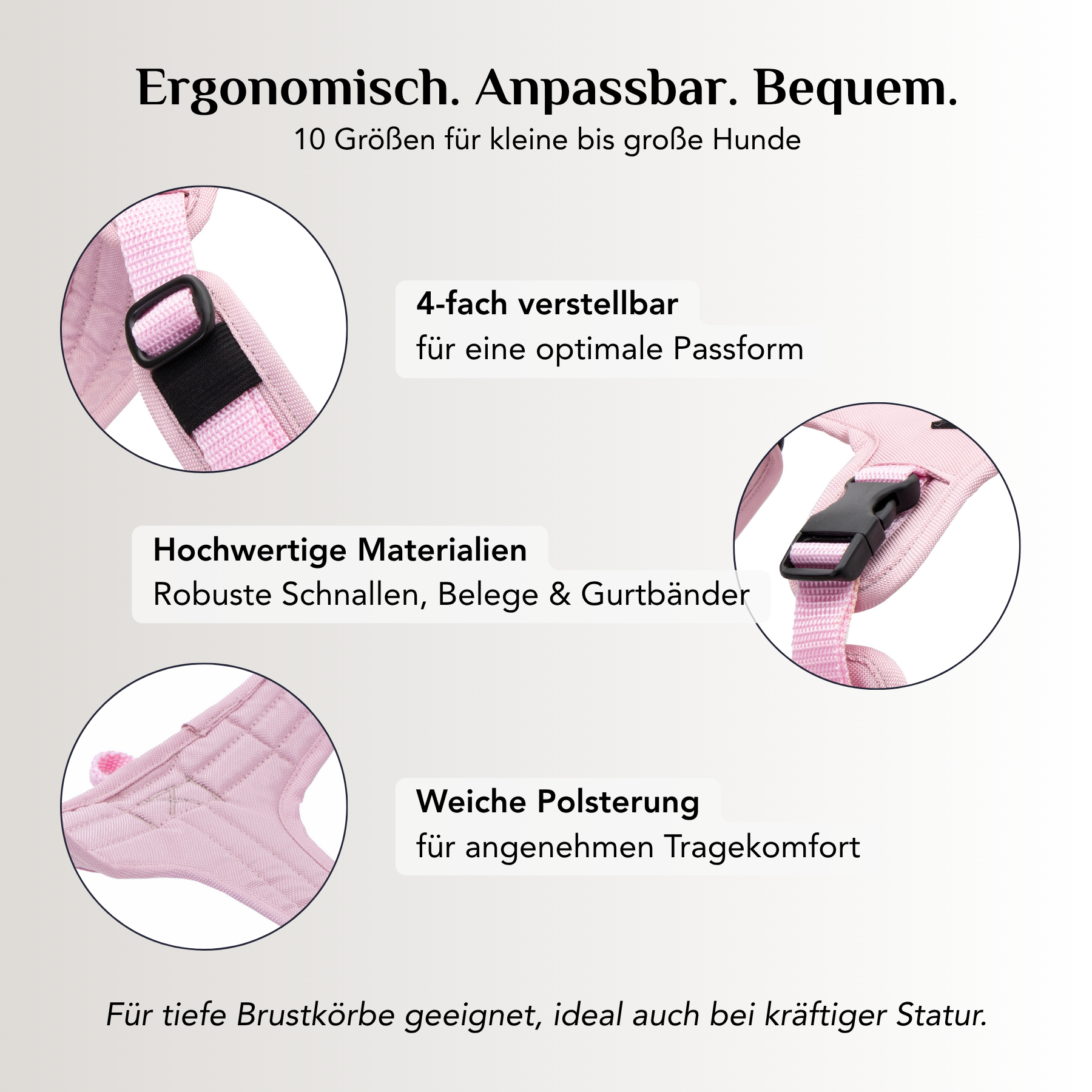 Ergonomisches Emmy & Pepe Hundegeschirr Rosi in Rosa mit 4-fach verstellbaren Riemen, hochwertigen Schnallen und weicher Polsterung in 10 Größen