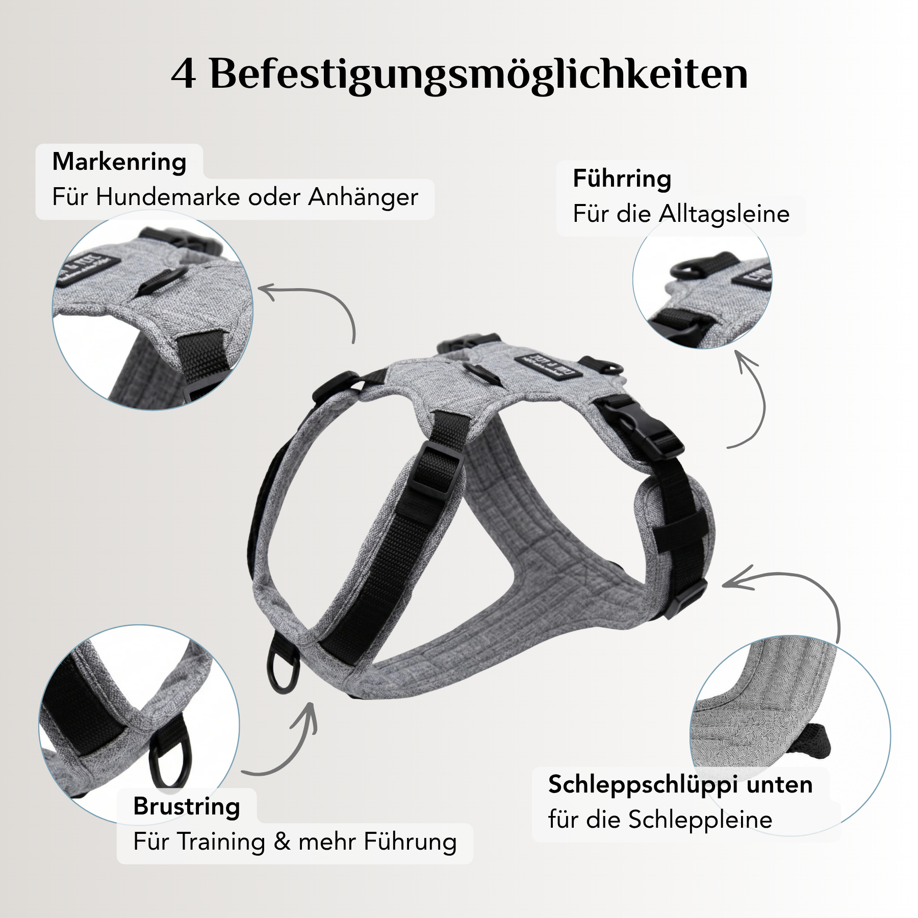 Emmy & Pepe Hundegeschirr Stone (Grau) mit 4 Befestigungsmöglichkeiten: Markenring, Führring, Brustring und Schlaufe für die Schleppleine