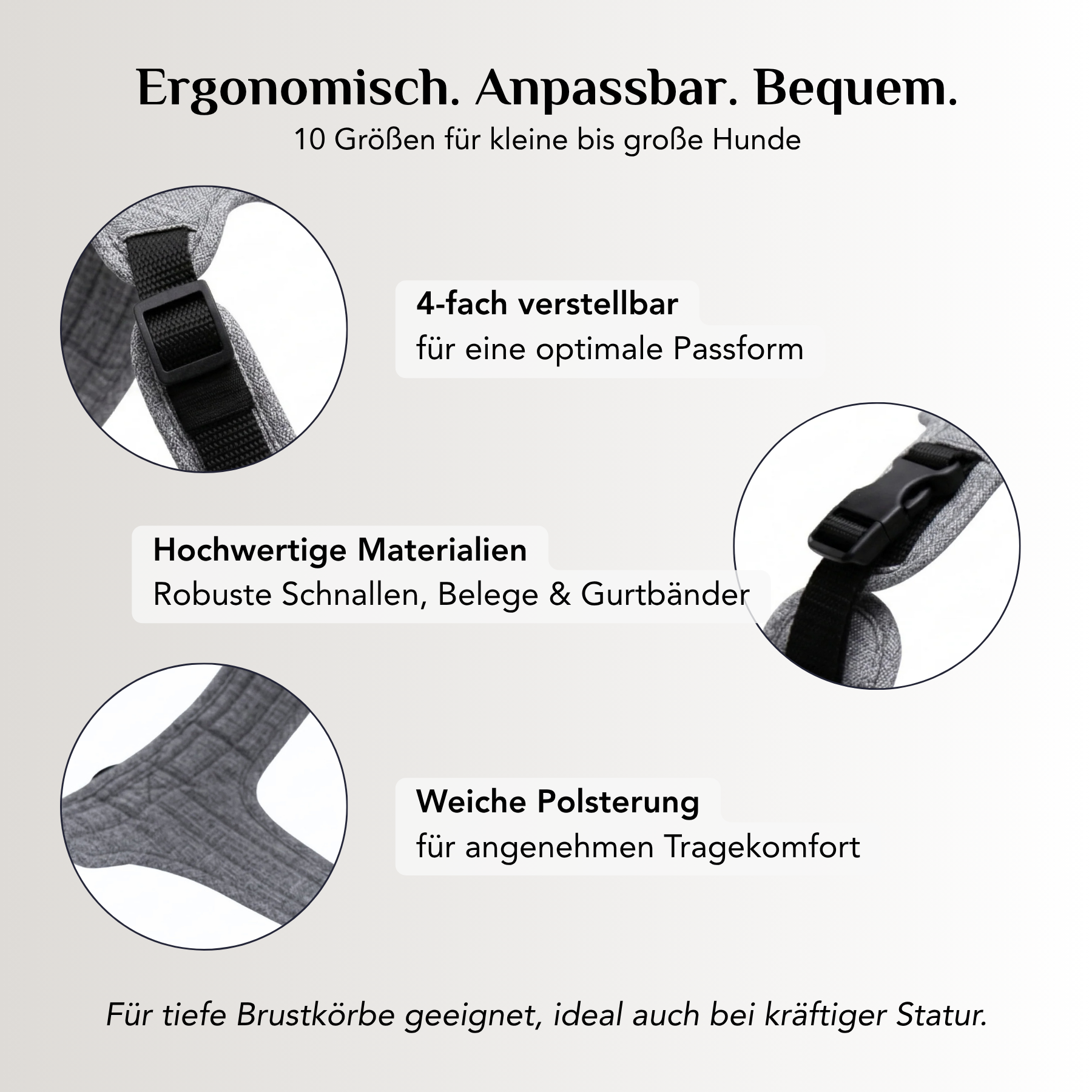 Ergonomisches Emmy & Pepe Hundegeschirr Stone in Grau mit 4-fach verstellbaren Riemen, hochwertigen Schnallen und weicher Polsterung in 10 Größen