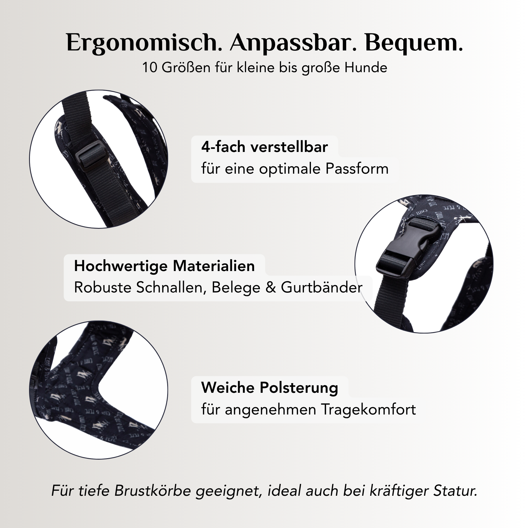 Emmy & Pepe Hundegeschirr Wau Effekt Black mit 4 Befestigungsmöglichkeiten: Markenring für Hundemarke oder Anhänger, Führring für die Alltagsleine, Brustring für Training und mehr Führung, Schlaufe unten für die Schleppleine