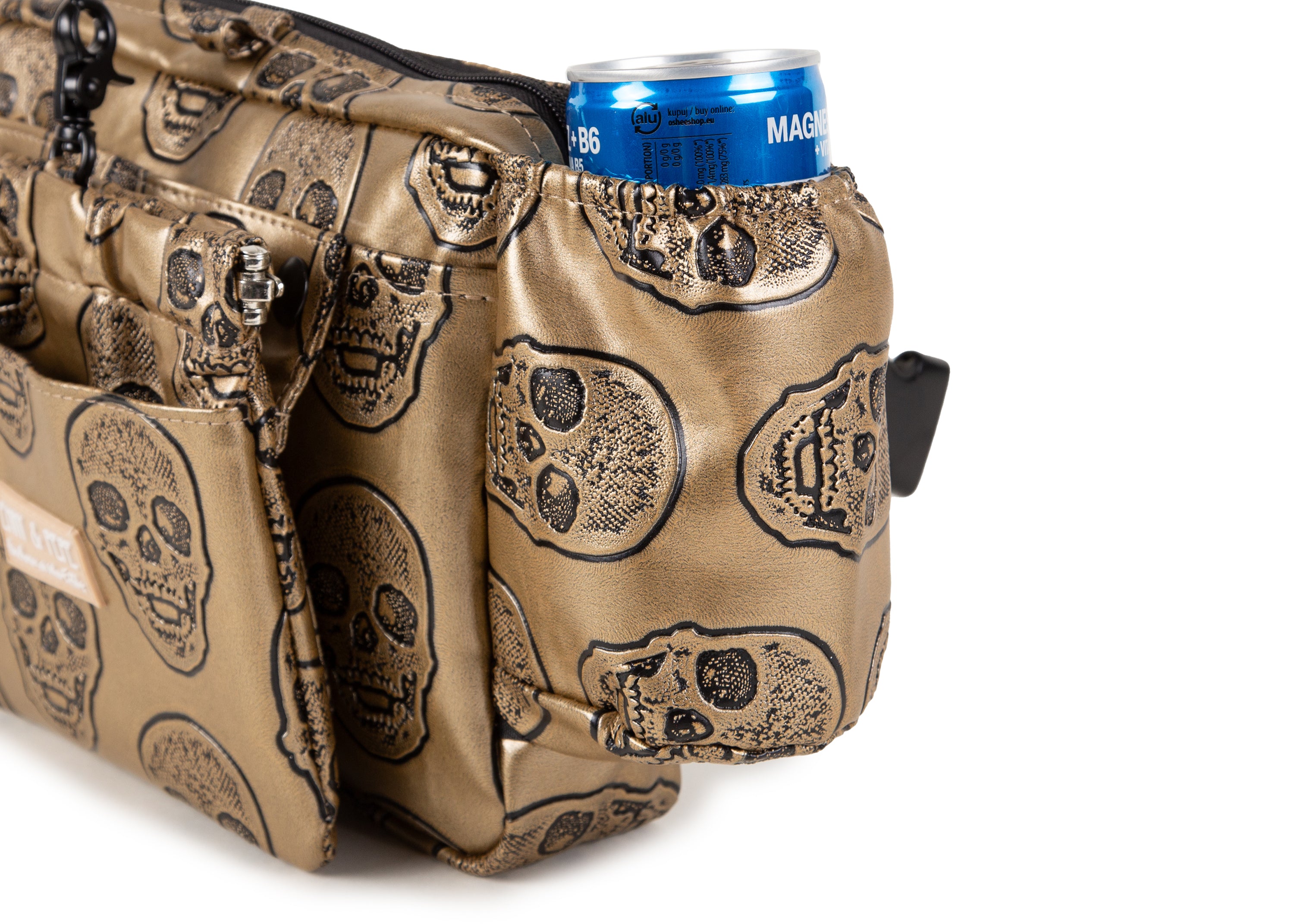 Wau-Pack große Gassitasche, Modell Goldskull, Kunstleder mit Totenkopfmotiv - mit Getränkehalter