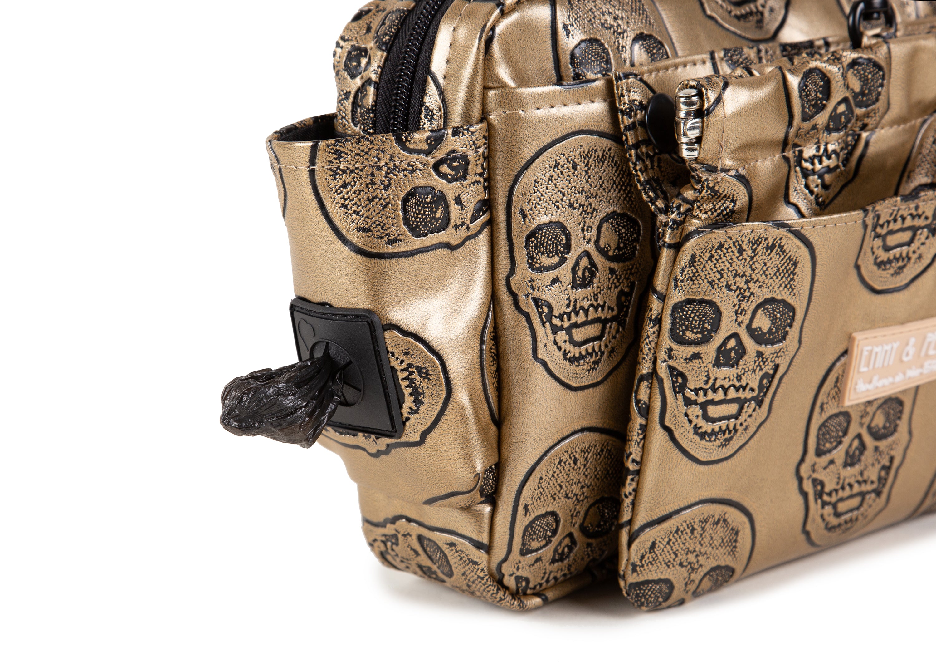 Wau-Pack große Gassitasche, Modell Goldskull, Kunstleder mit Totenkopfmotiv - mit praktischem Kotbeutelspender