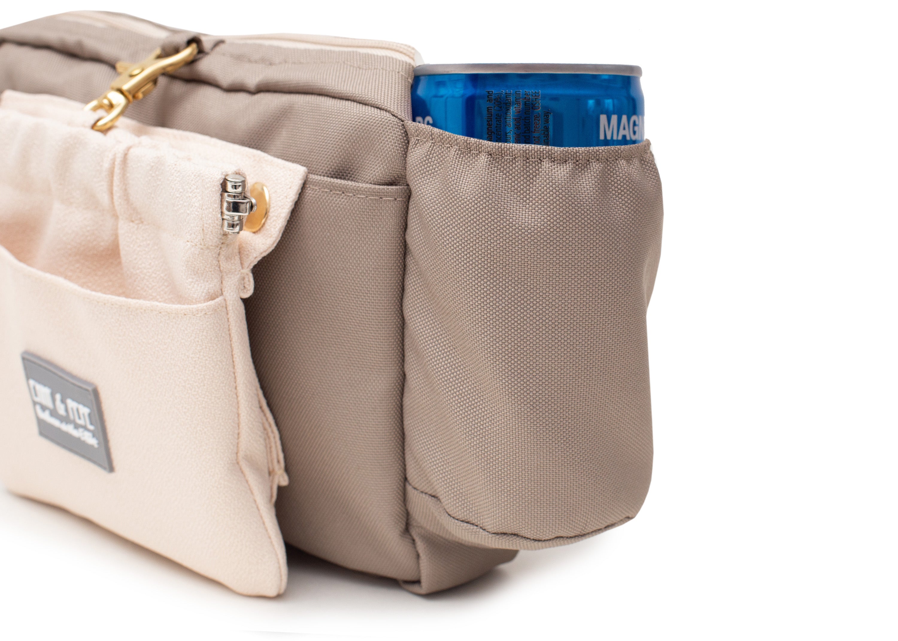 Wau-Pack große Gassitasche, Modell Heidi, Tasche in dunklerem Braun, Leckerlitasche hell - mit Getränkehalter