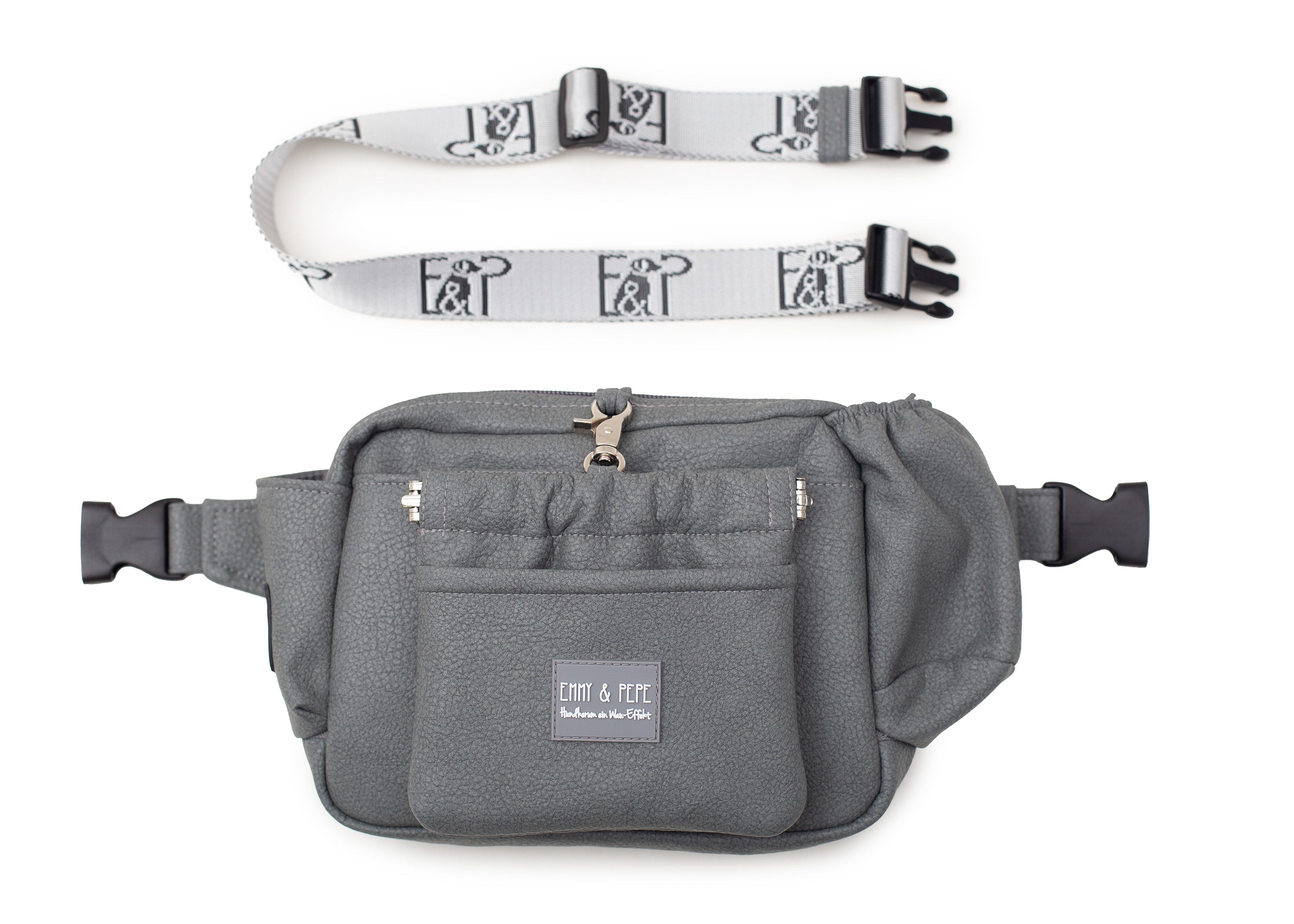 Wau-Pack große Gassitasche, Modell Kunstleder Dark Grey, dunkelgrau - mit vielen Fächern für jeden Spaziergang - mit verschiedenen Gurtlängen