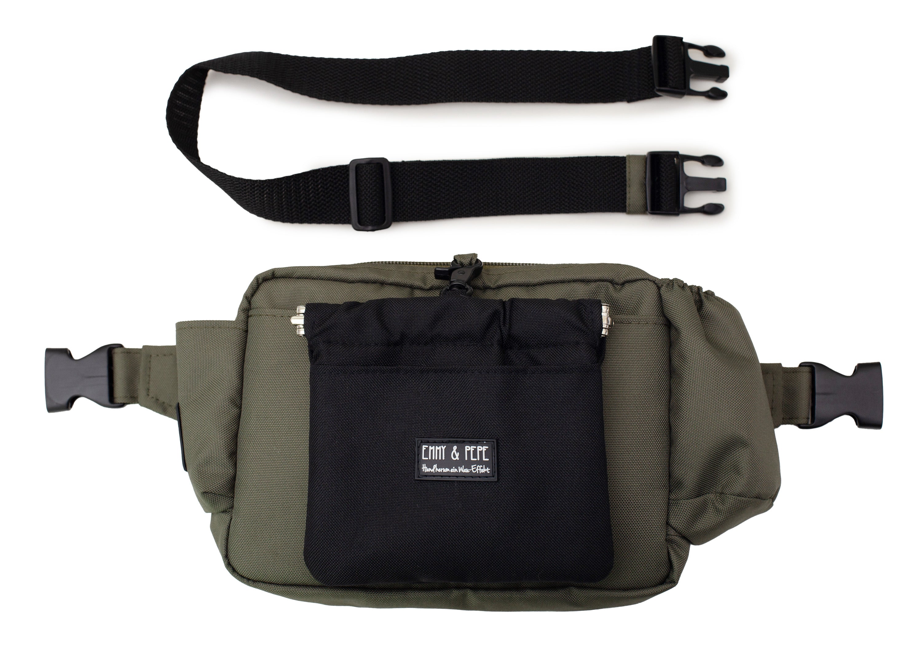 Wau-Pack große Gassitasche, Modell Lothar, olive-grüne Tasche mit schwarzem Lecherlibeutel - verschiedene Gurtlängen