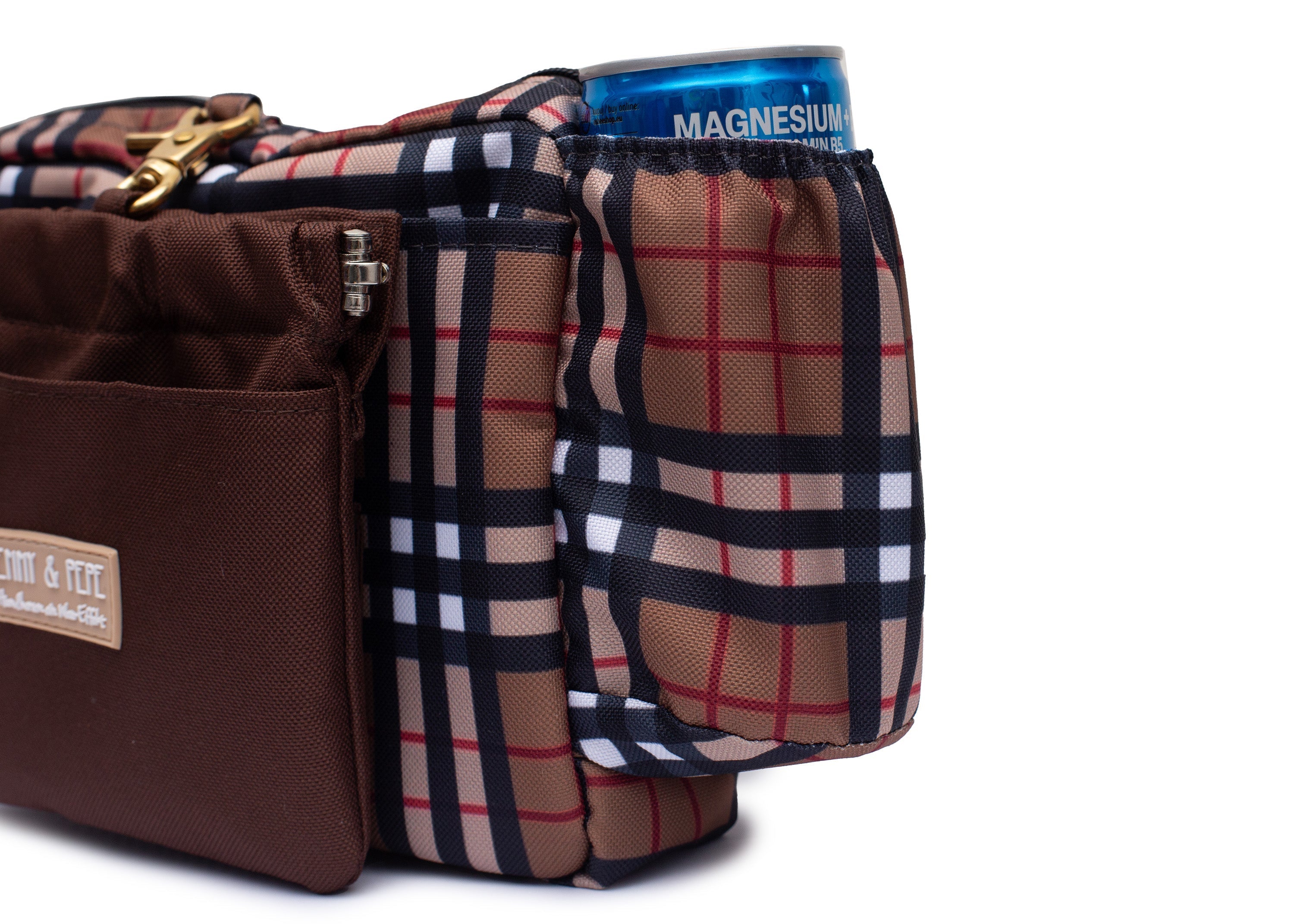 Wau-Pack große Gassitasche, Modell Sherlock, modisches Karomuster - mit praktischer Getränkehalterung