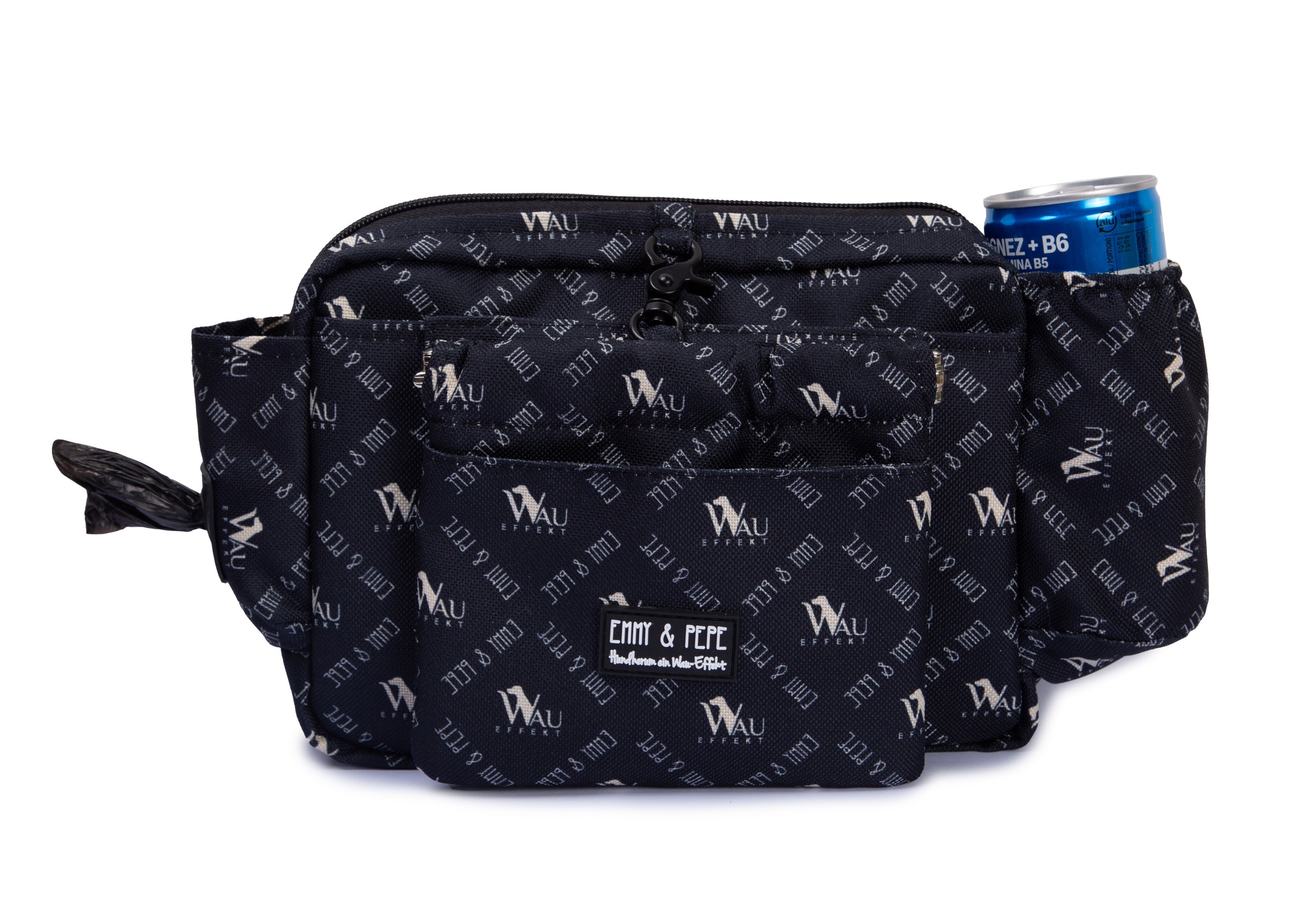 Wau-Pack große Gassitasche, Modell "Wau-Effekt" schwarz mit kleinen Logos, viele Fächer und Taschen - alles dabei beim Spaziergang