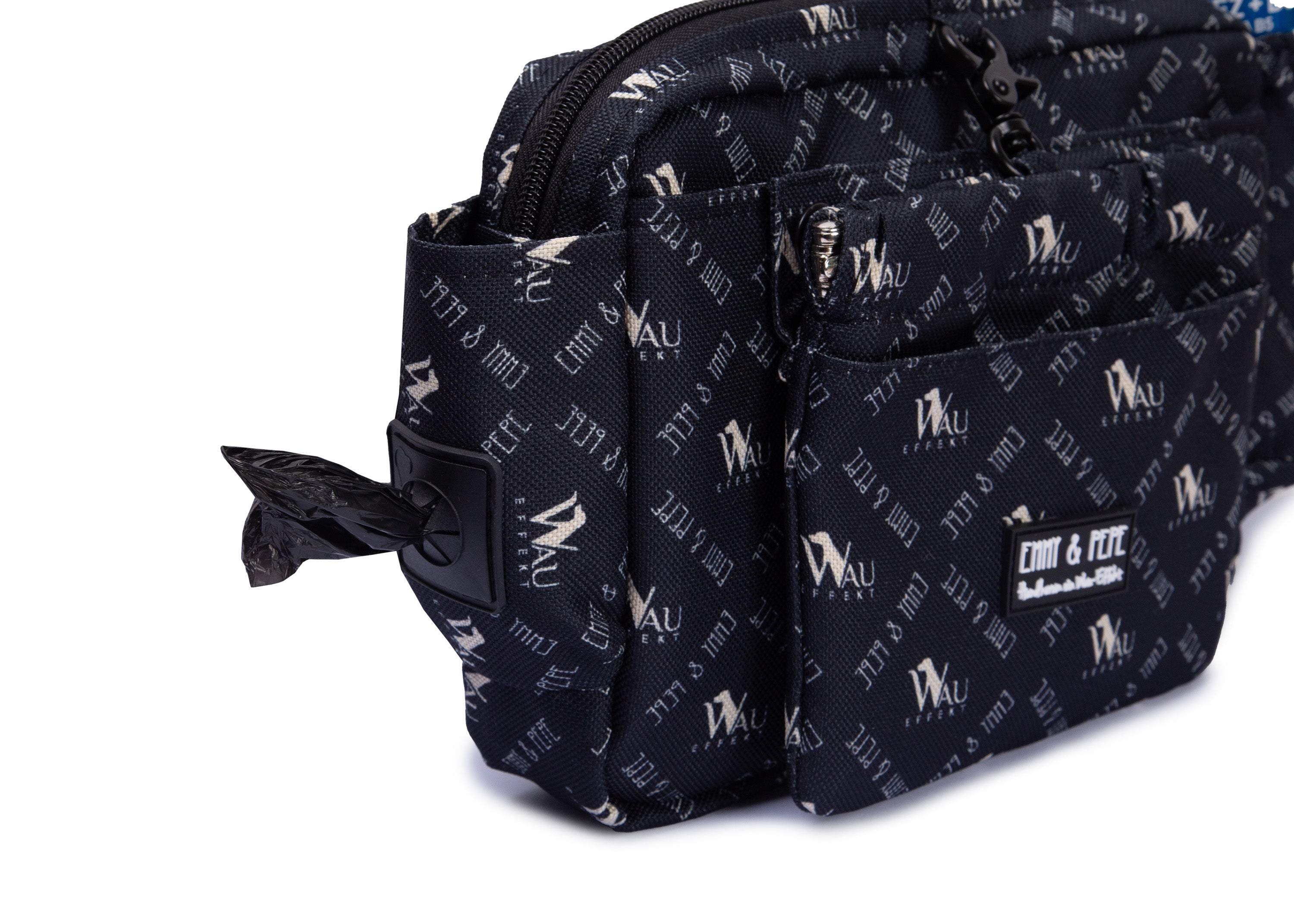Wau-Pack große Gassitasche, Modell "Wau-Effekt" schwarz mit kleinen Logos, praktischer Kotbeutelspender