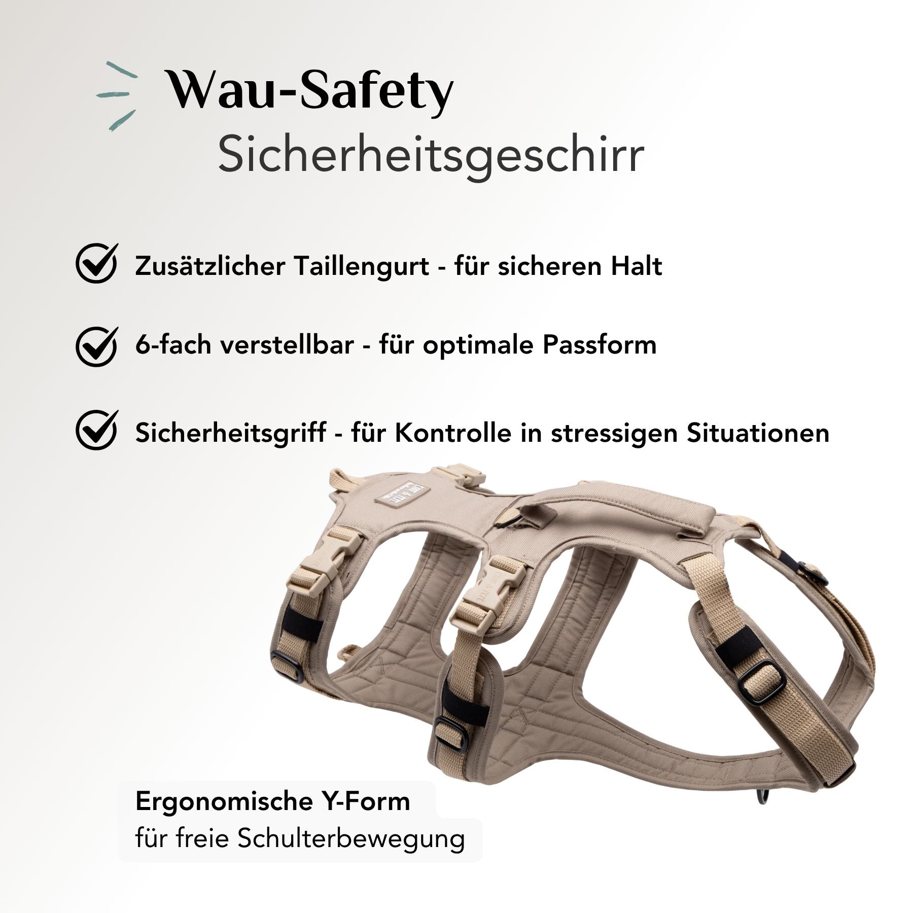 Sicherheitsgeschirr Hund Dune Beige mit Taillengurt, 6-facher Verstellung und ergonomischer Y-Form