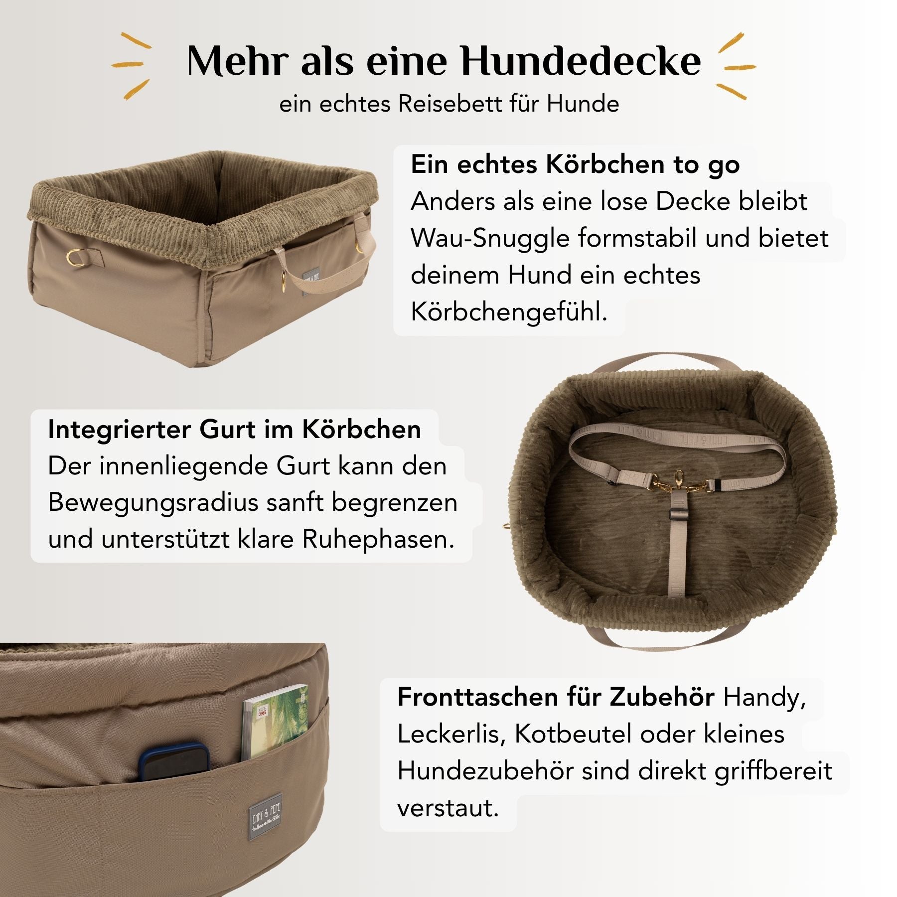 Wau-Snuggle von EMMY & PEPE als formstabiles Reisekörbchen für Hunde – mehr als eine Hundedecke für unterwegs.